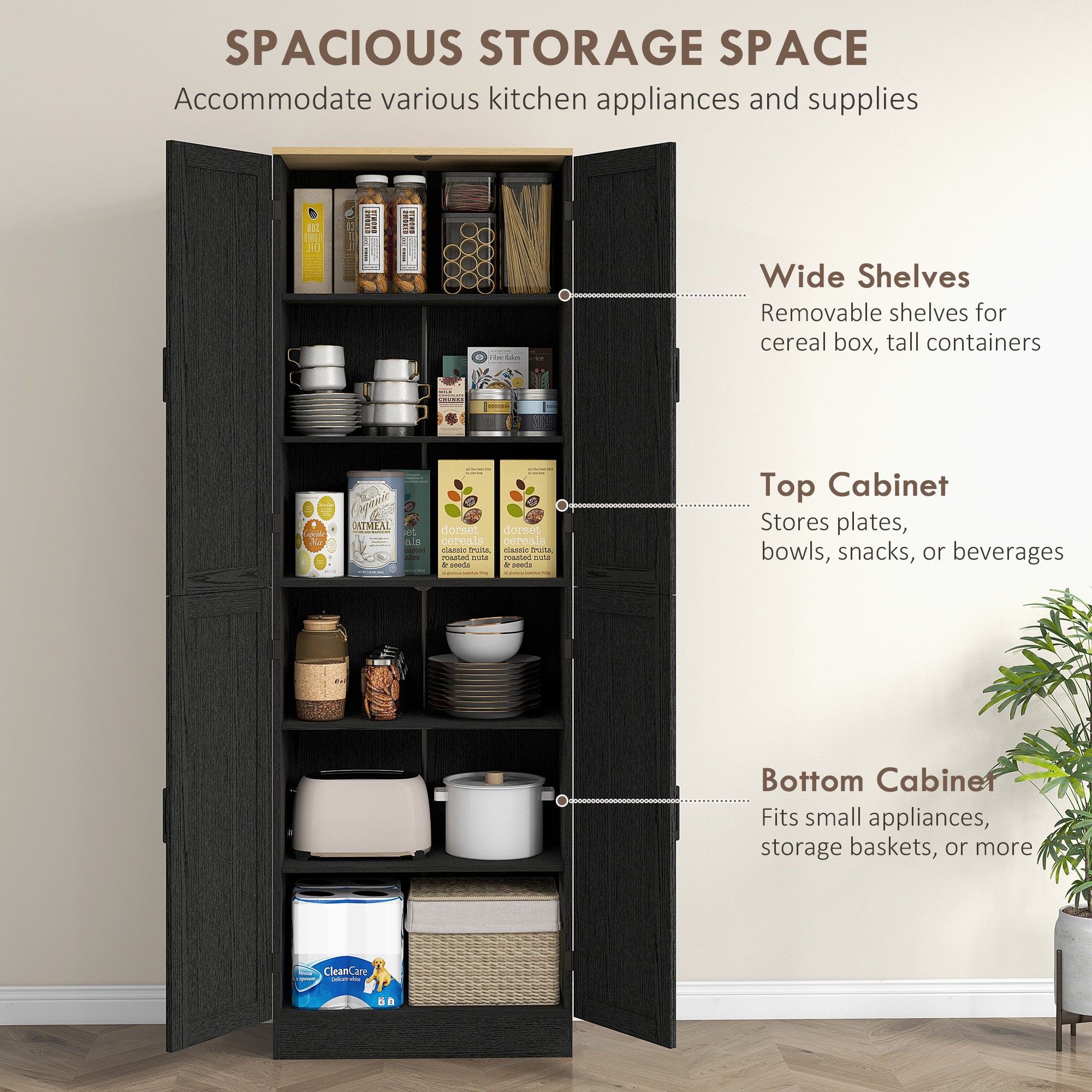 Freestanding Kitchen Pantry, 4-Door Kitchen Pantry Cabinet with Adjustable Shelves and Doors, Distressed Black