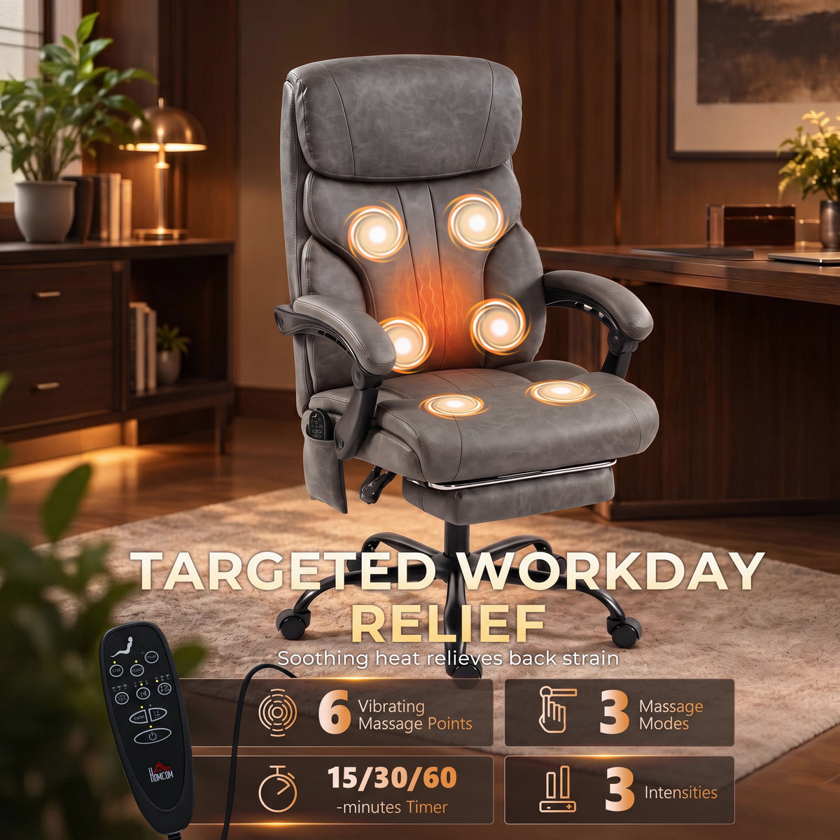 Massage Office Chair Vibration Computer Chair Heated Reclining PU Leather Footrest Height Adjustable Gray