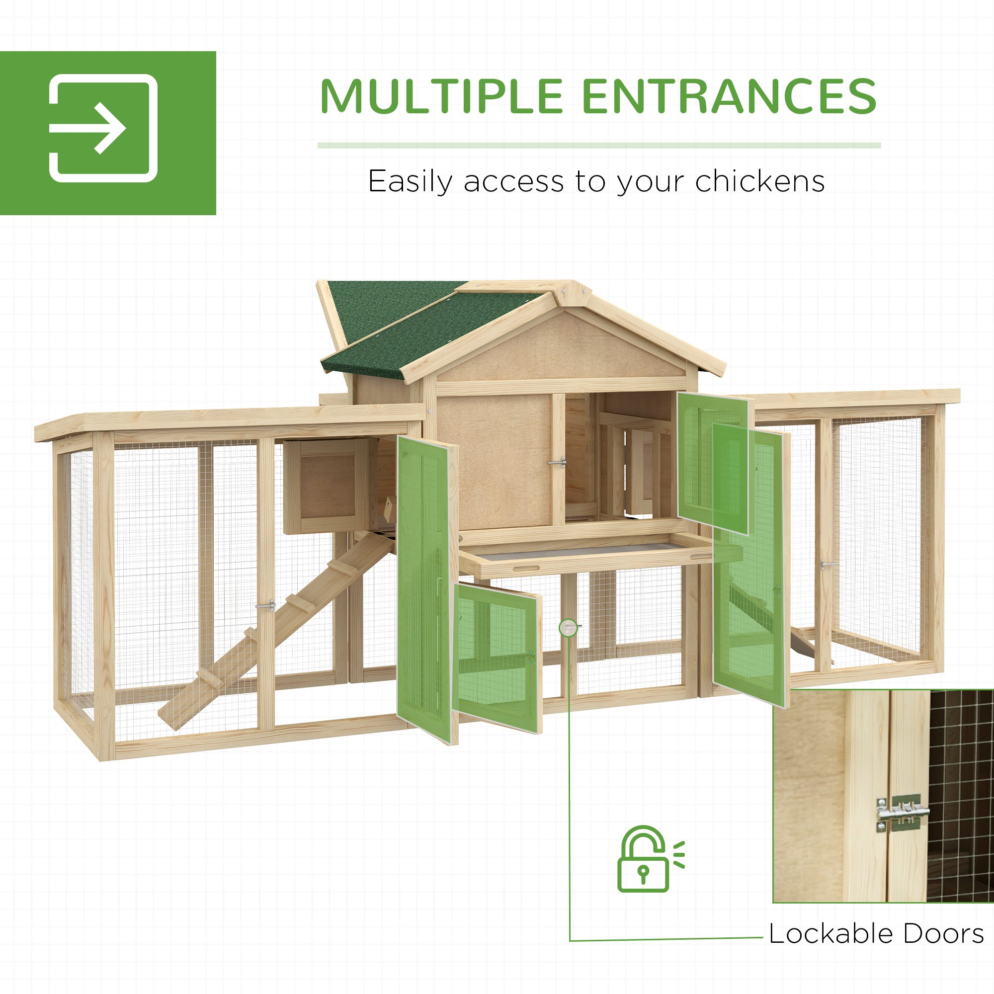 Wooden Chicken Coop ith Nesting Box, Double Runs, Removable Tray, Ramps, for Garden Backyard - Natural Wood - Image 5