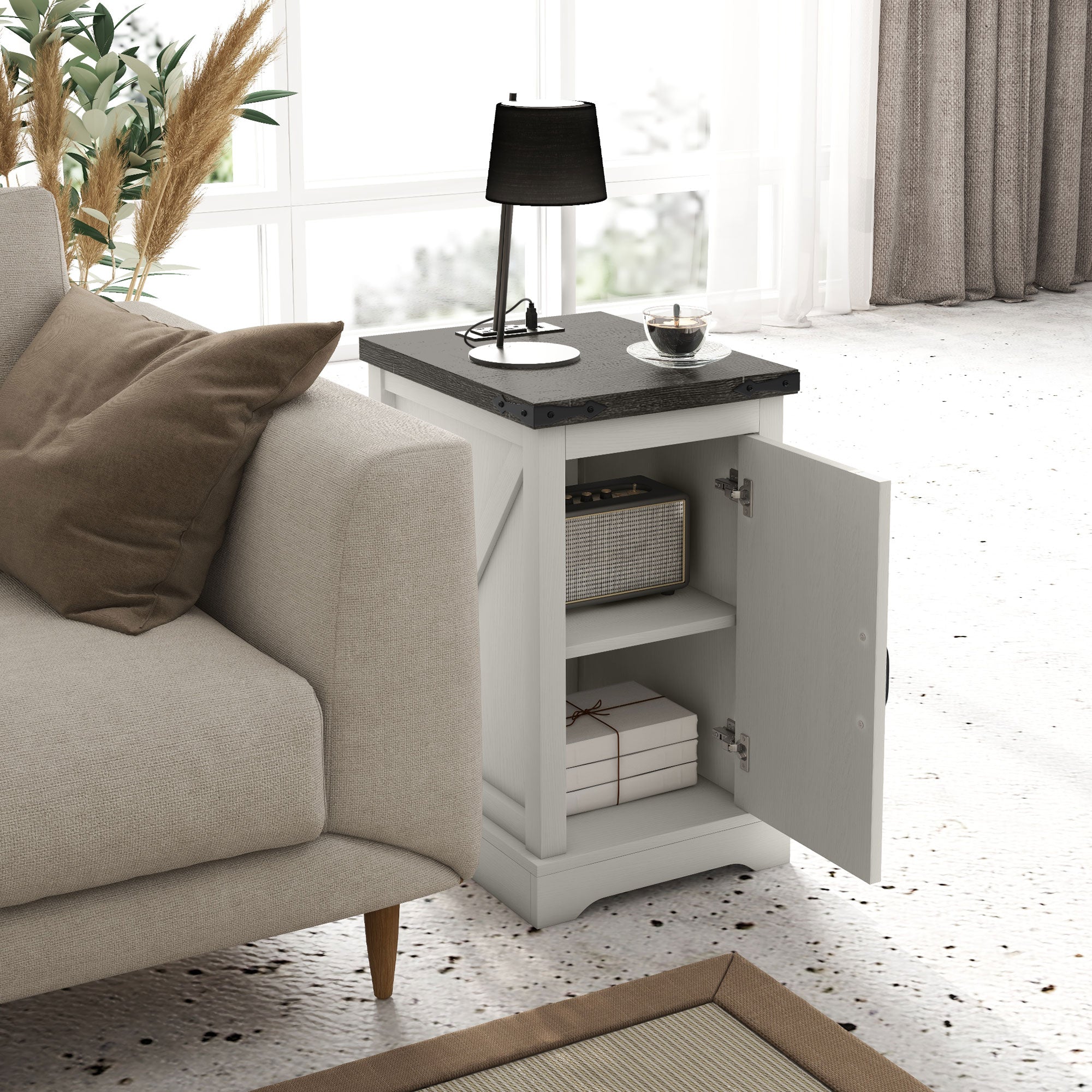Farmhouse End Table with Storage, Side Table with Charging Station and USB Ports for Living Room, Distressed White