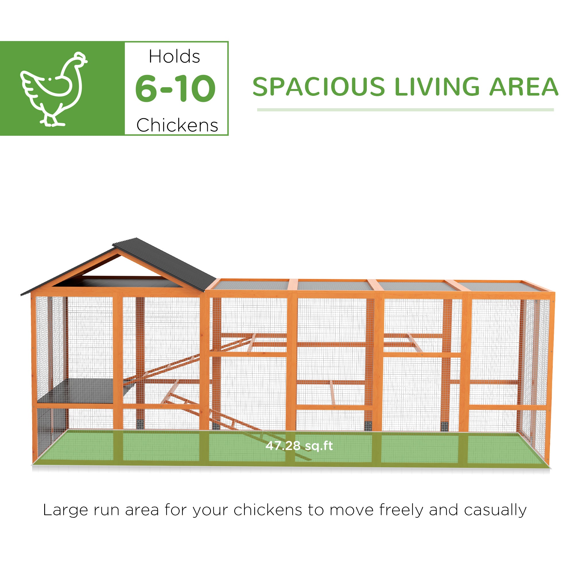 Wooden Chicken Coop Run for 6 - 10 Chickens, Hen House Add-On with Storage, Perches, 141.75" x 48" x 61", Orange - Orange - Image 4