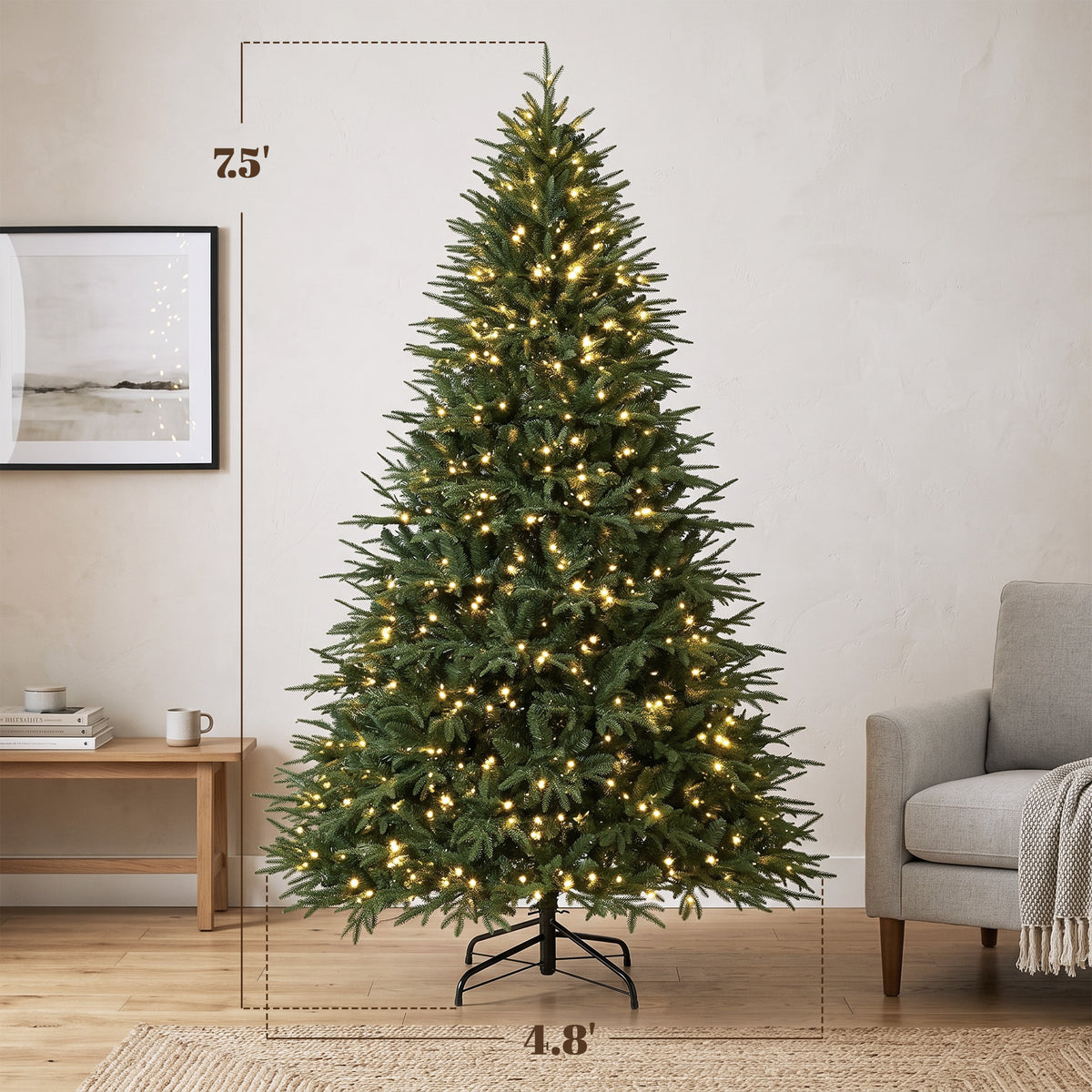 7.5ft Pre-lit Classic Artificial Christmas Tree with 3,719 Branch Tips 1000 Warm White LED Lights, Green