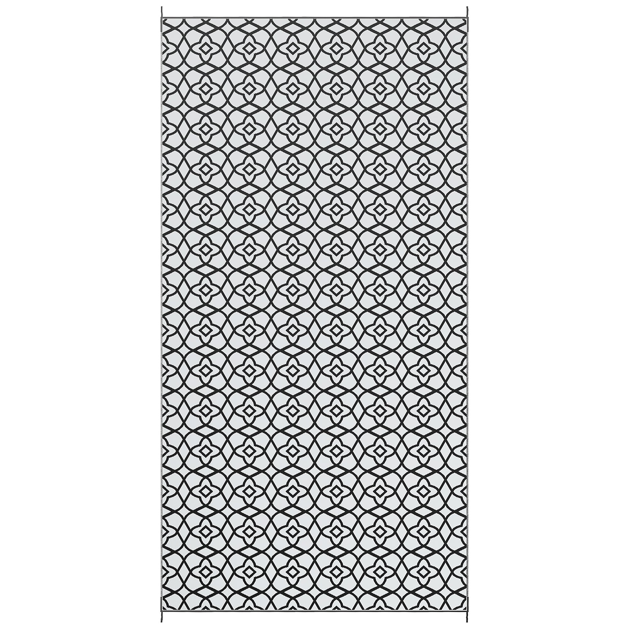 Reversible Outdoor Rug Carpet RV Camping Rugs with Carry Bag, 9' x 18', Black & White Clover