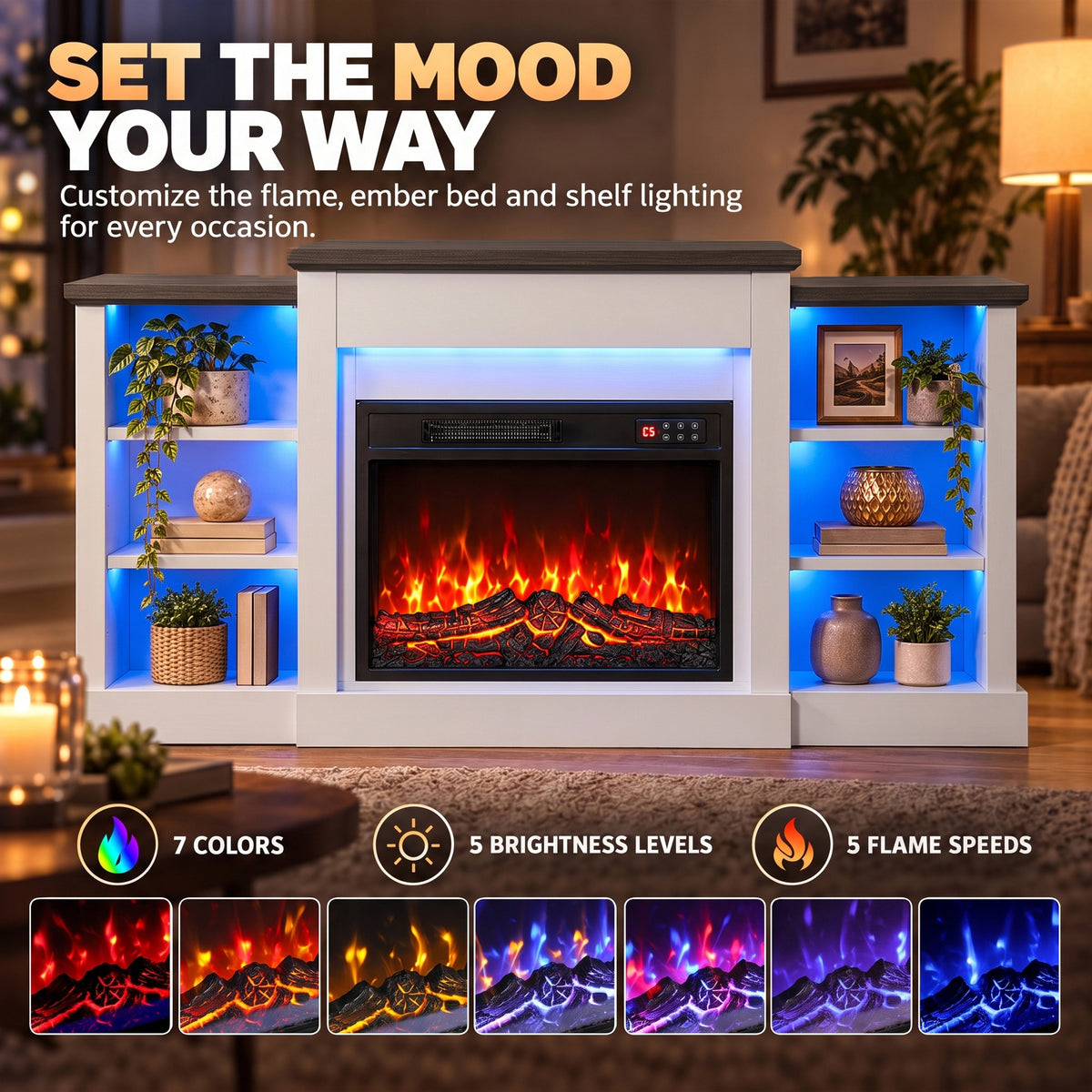 55" Fireplace TV Stand for TVs up to 65", Entertainment Center TV Console, RGB LED Strips, 6 Shelves, White Wood Grain