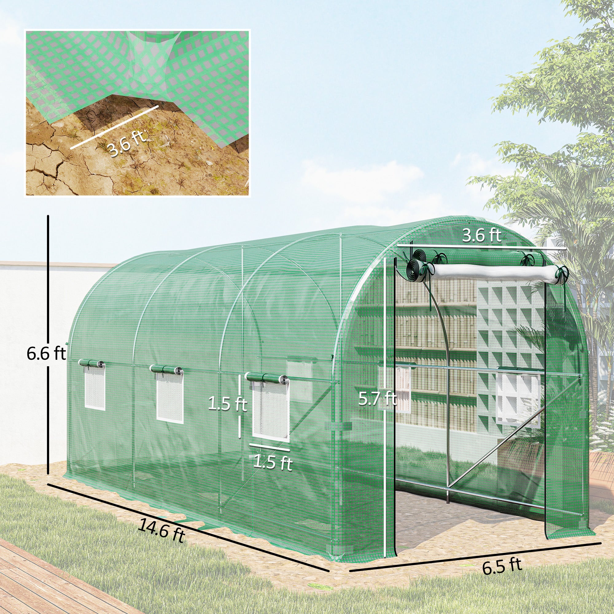 Hoop House Greenhouse, Walk-in Tunnel Greenhouse with 2 Support Rods, Zippered Roll-up Mesh Door, 14.6'x6.5'x6.6', Green - Green - Image 3