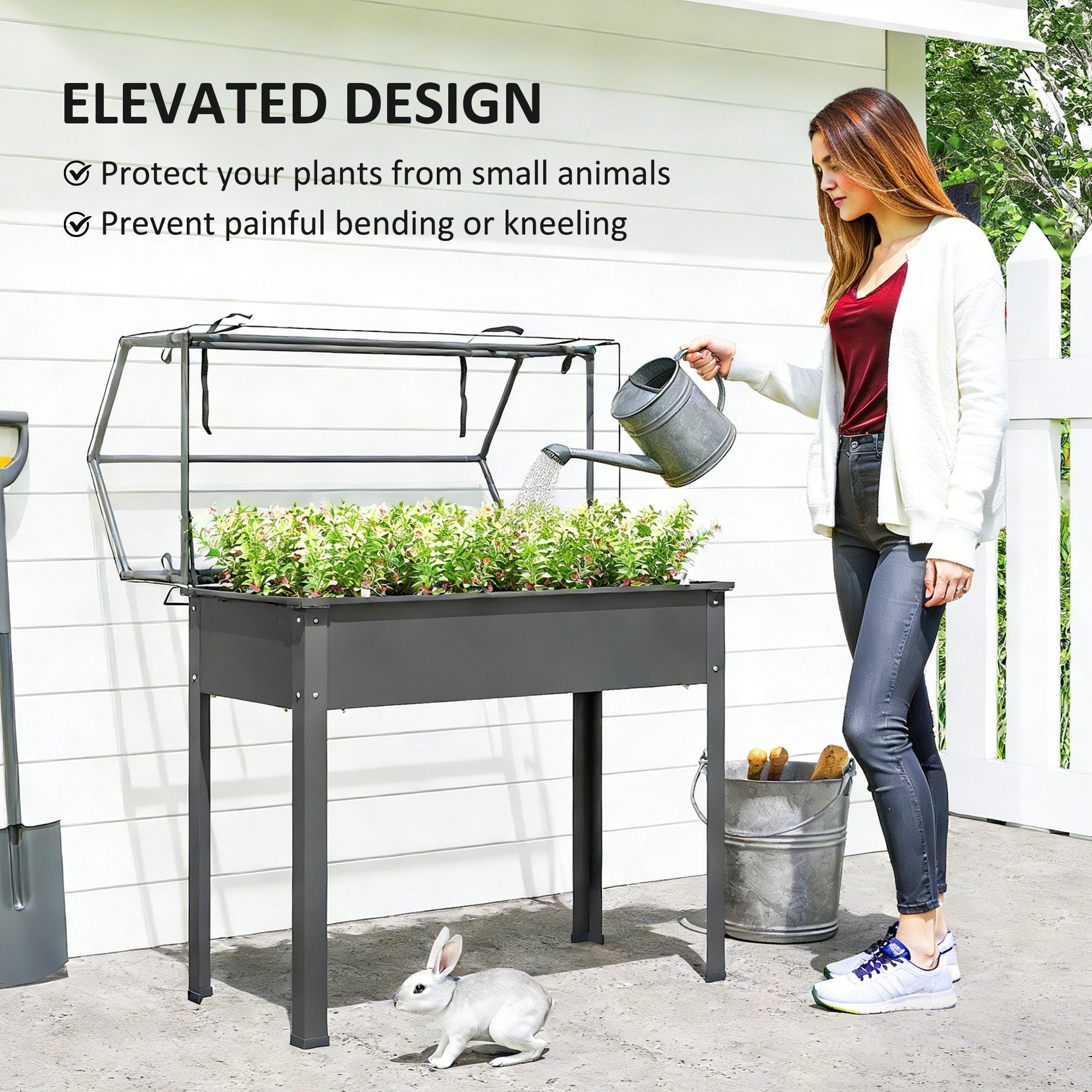 Elevated Garden Box with Greenhouse Cover, Raised Garden Bed with Legs and Drainage Hole for Vegetables, Dark Gray - Dark Gray - Image 5