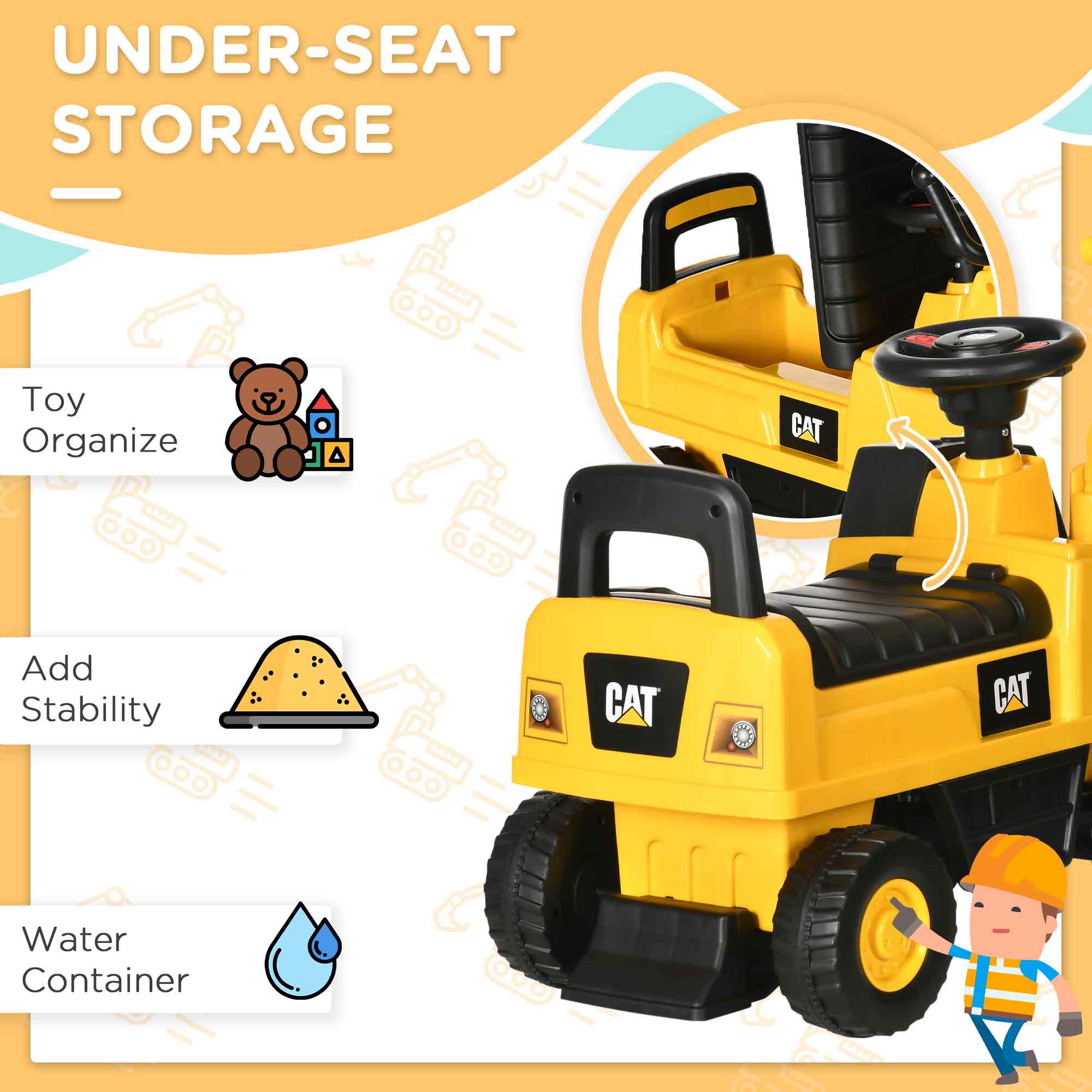 Kids Excavator Ride on Toy CAT Licensed with Manual Shovel, Horn, Hidden Storage for 18-36 Months, Yellow