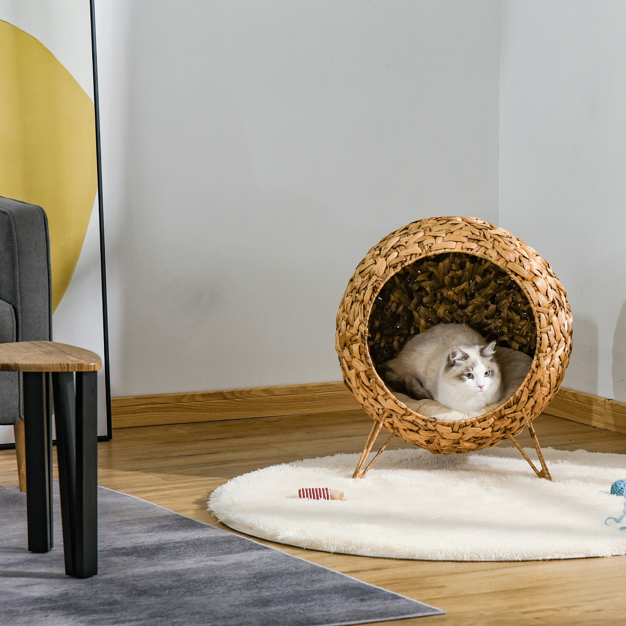 20.5" Weaved Cat Bed, Elevated Hand-woven Braided Banana Leaf Kitten House Condo with Cushion, Natural - Natural Wood - Image 7