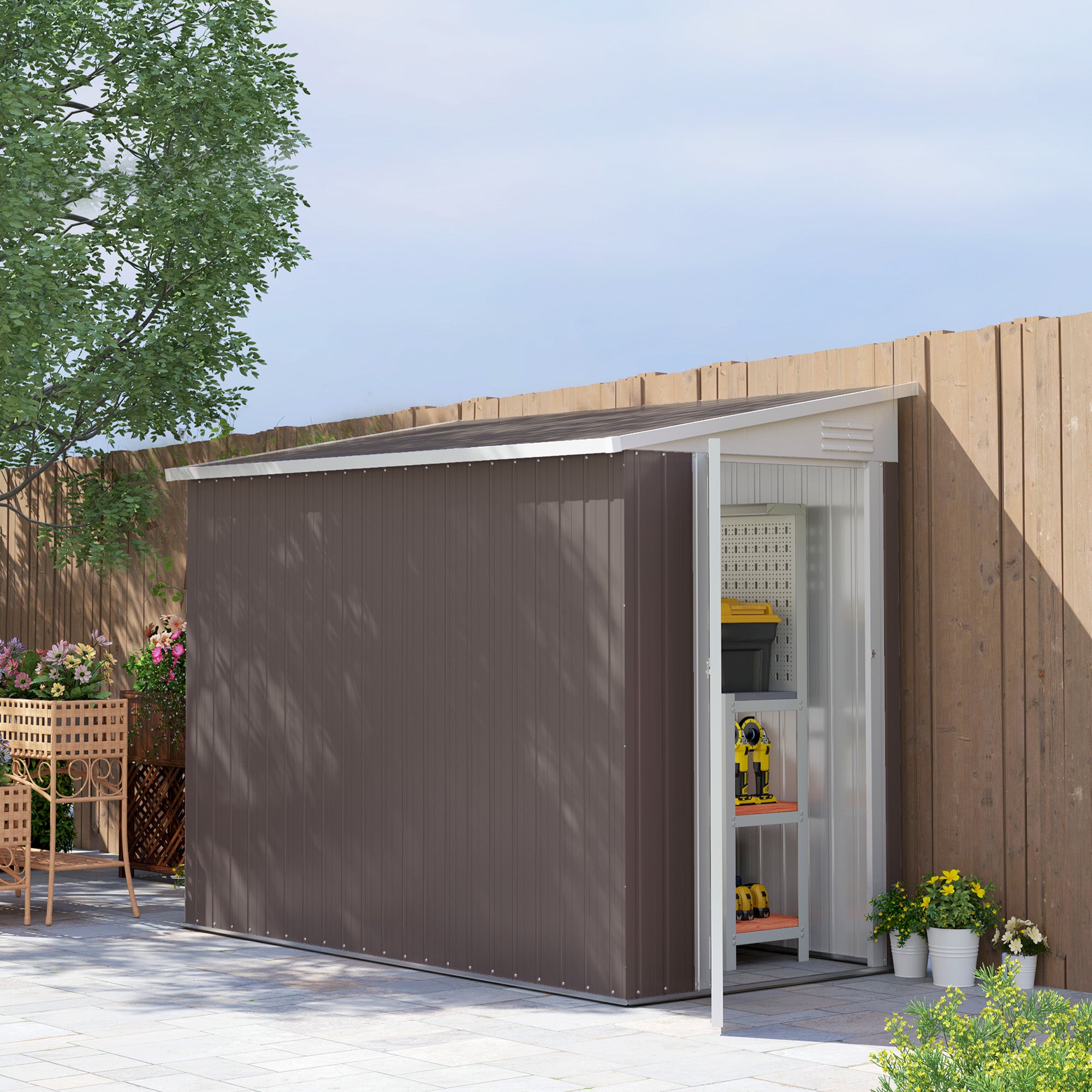 4' x 7.7' Lean to Garden Storage Shed, Outdoor Metal Tool House with Lockable Door Vents for Backyard Patio Lawn - Brown - Image 2