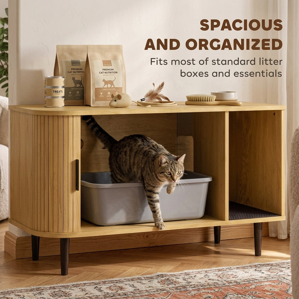 Cat Litter Box Enclosure with Sliding Door, Litter Mat, Modern Cat House, TV Stand, Side End Table for Living Room