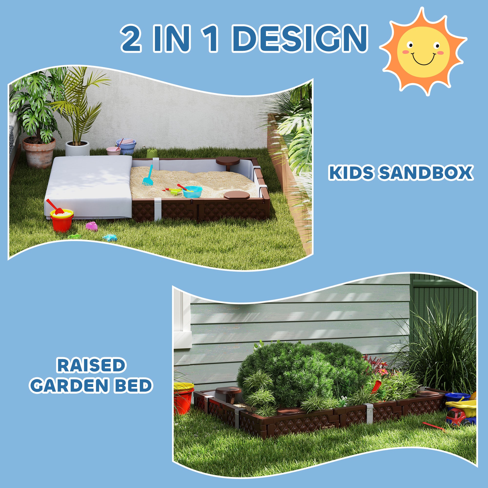 Kids Sandbox with Cover, 4 Corner Seats, Bottom Liner for Backyard, Garden, Outdoor, 73" x 47" x 9", Dark Brown