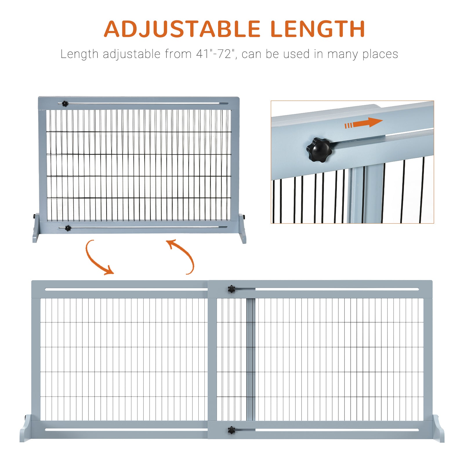 71" W x 27.25" H Extra Wide Freestanding Pet Gate with Adjustable Length Dog, Cat, Barrier for House, Doorway, Hallway, Blue-Gray - Gray - Image 4