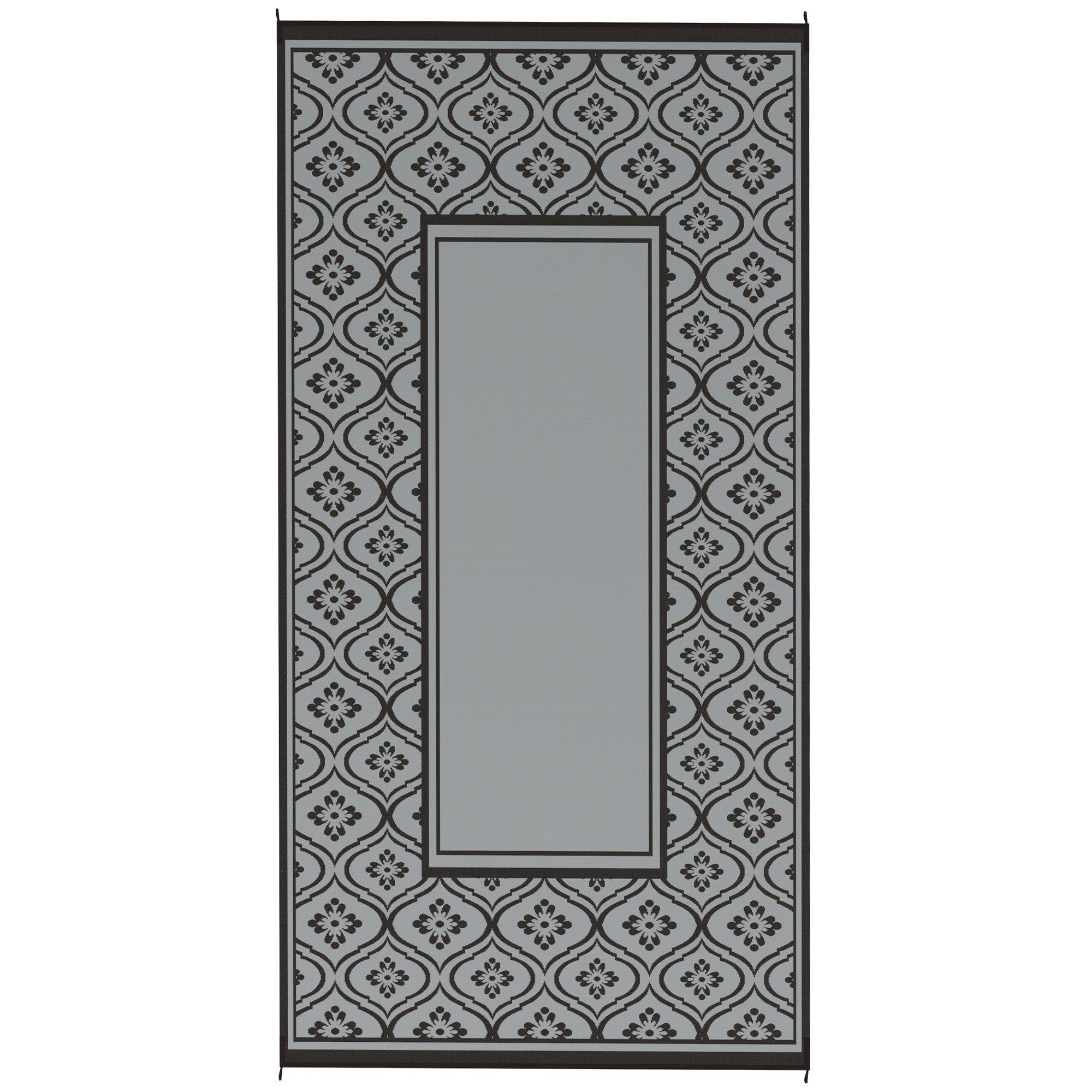 Reversible Outdoor Rug, Waterproof Plastic Straw with Carry Bag, 9' x 18', Black & Gray Gourd Border