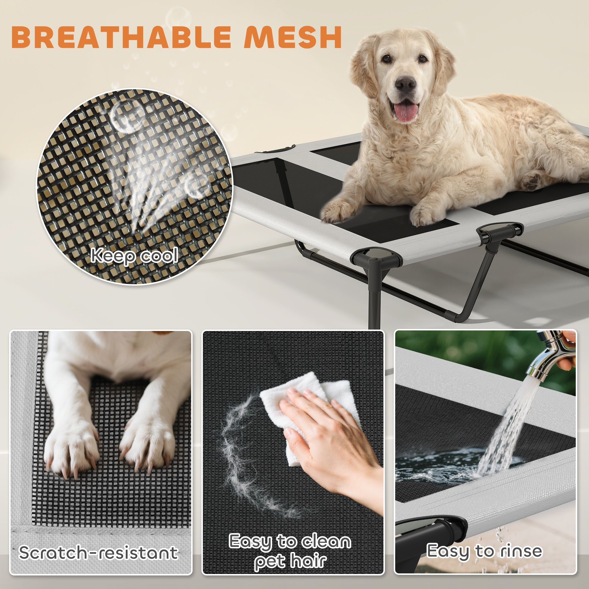 Elevated Dog Bed with Removable Canopy, Portable Outside Raised Pet Cot with Cooling Pad, Storage Bag, 42" x 30" x 37" - Light Gray - Image 7