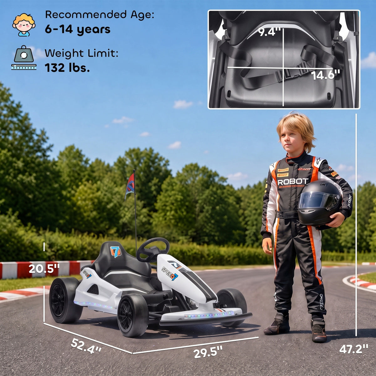 24V Electric Drift Go Kart for Kids with Dual Motors, Soft Start, PU Wheels, 7.5MPH High Speed, for Ages 6-14, White