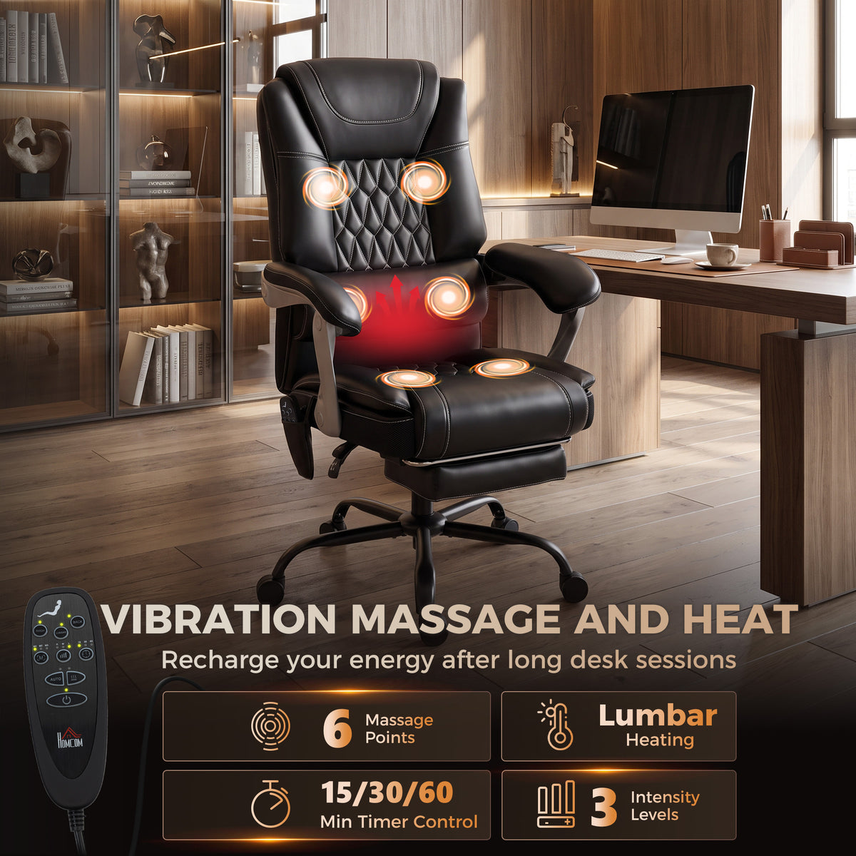 400lbs Massage Office Chair with Heat, Big and Tall Desk Chair, Lumbar Support, Reclining, Footrest, Black