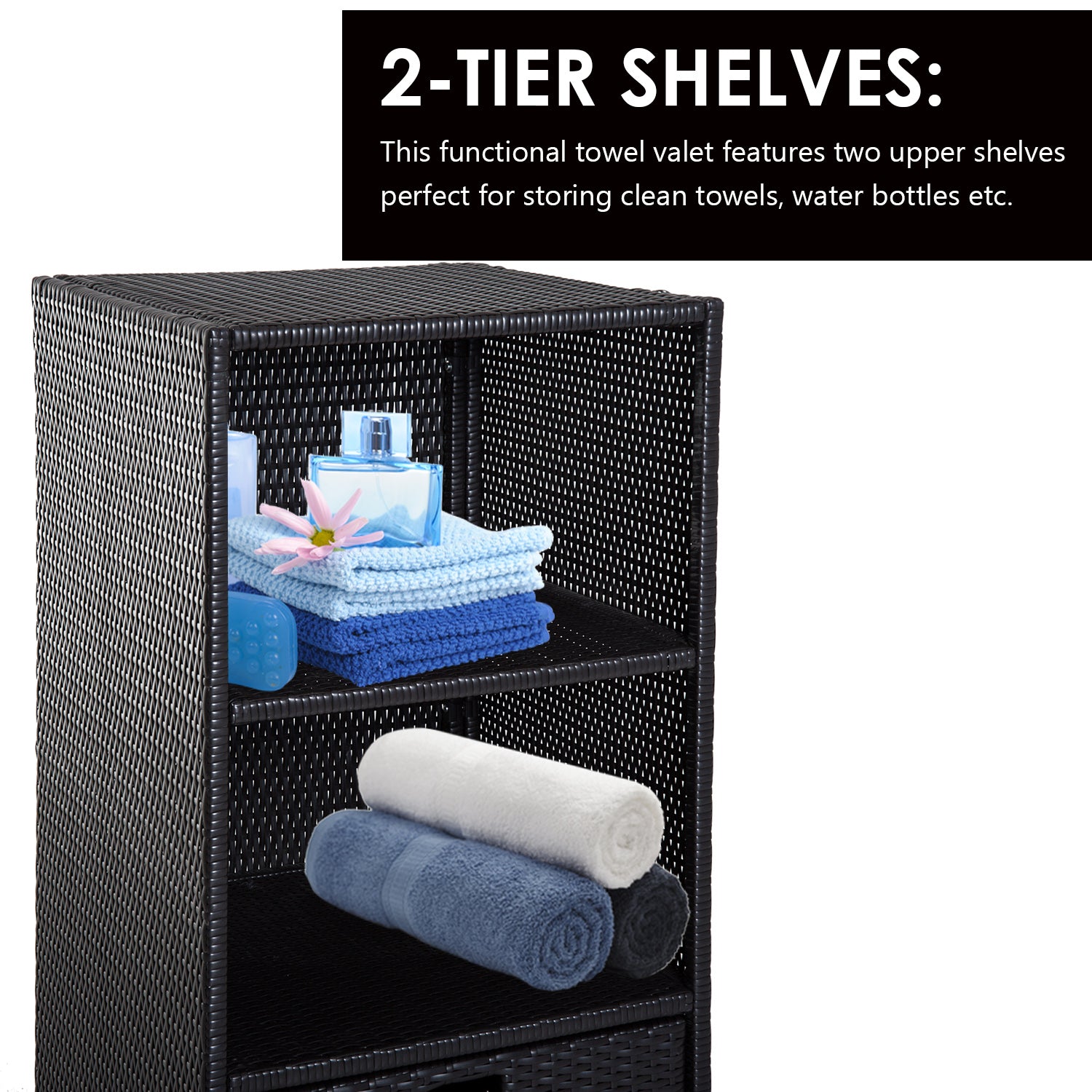 Poolside Towel Cabinet, Rattan Wicker with Storage,2-Tier Shelves and Bottom Drawer, for Pool, Patio Backyard, 47", Dark Brown - Dark Brown - Image 5