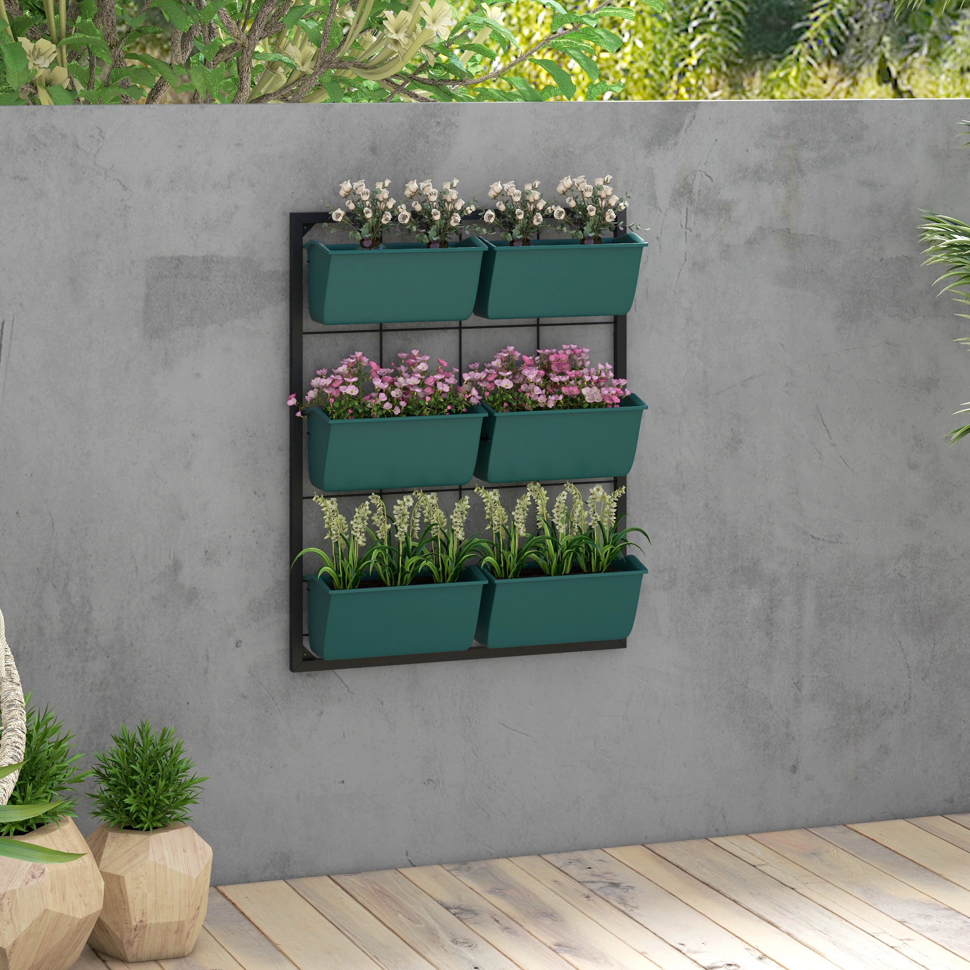3-Tier Hanging Planter with 6 Pots for Indoor and Outdoor Use, Wall Planter, Self Draining & Wall Mounted, Green - Green - Image 2