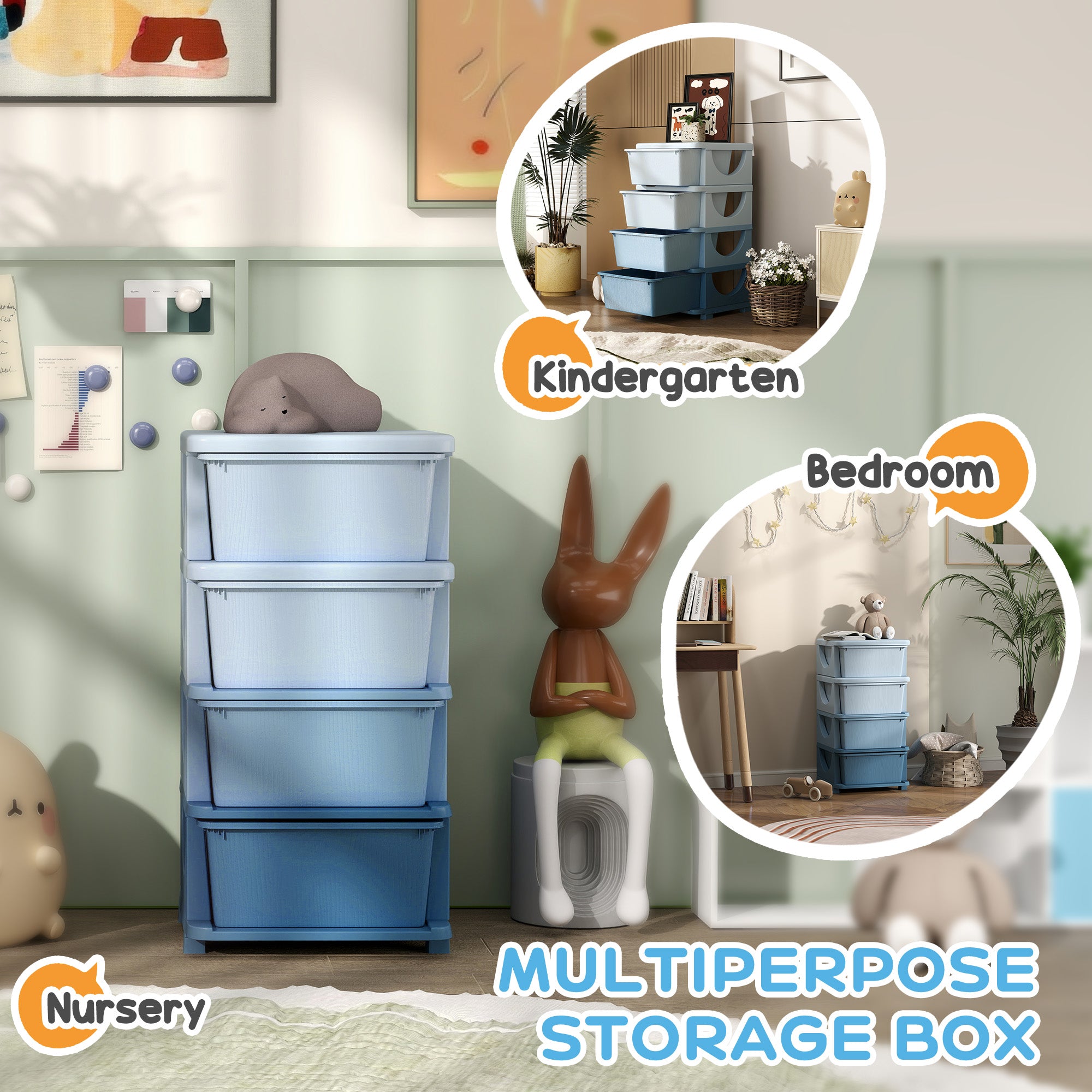 30" 4 Tier Kids Storage Unit Dresser Tower w/ 4 Drawers, Blue
