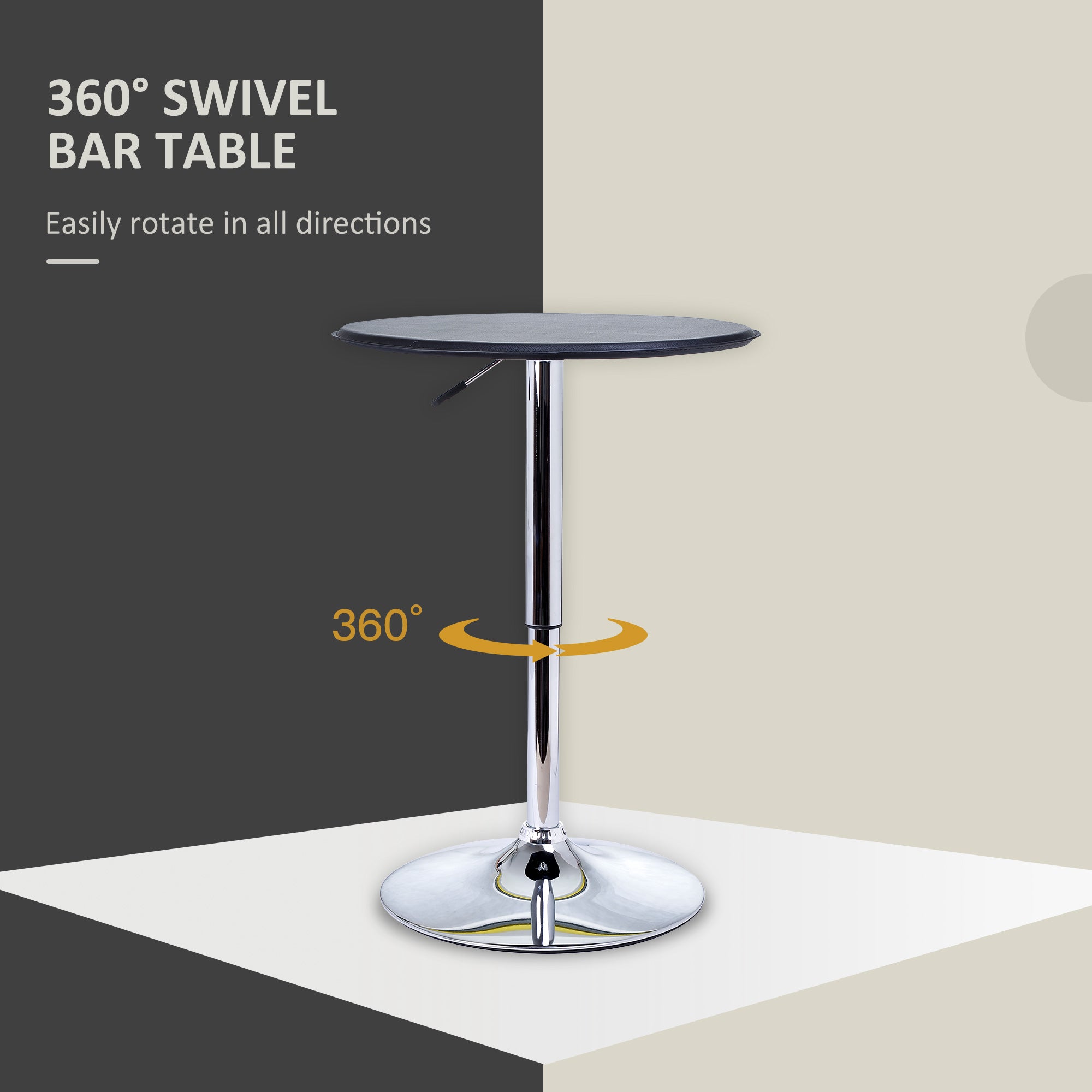 25" Classic Round Adjustable Faux Leather Chrome Standing Bistro Table, Black