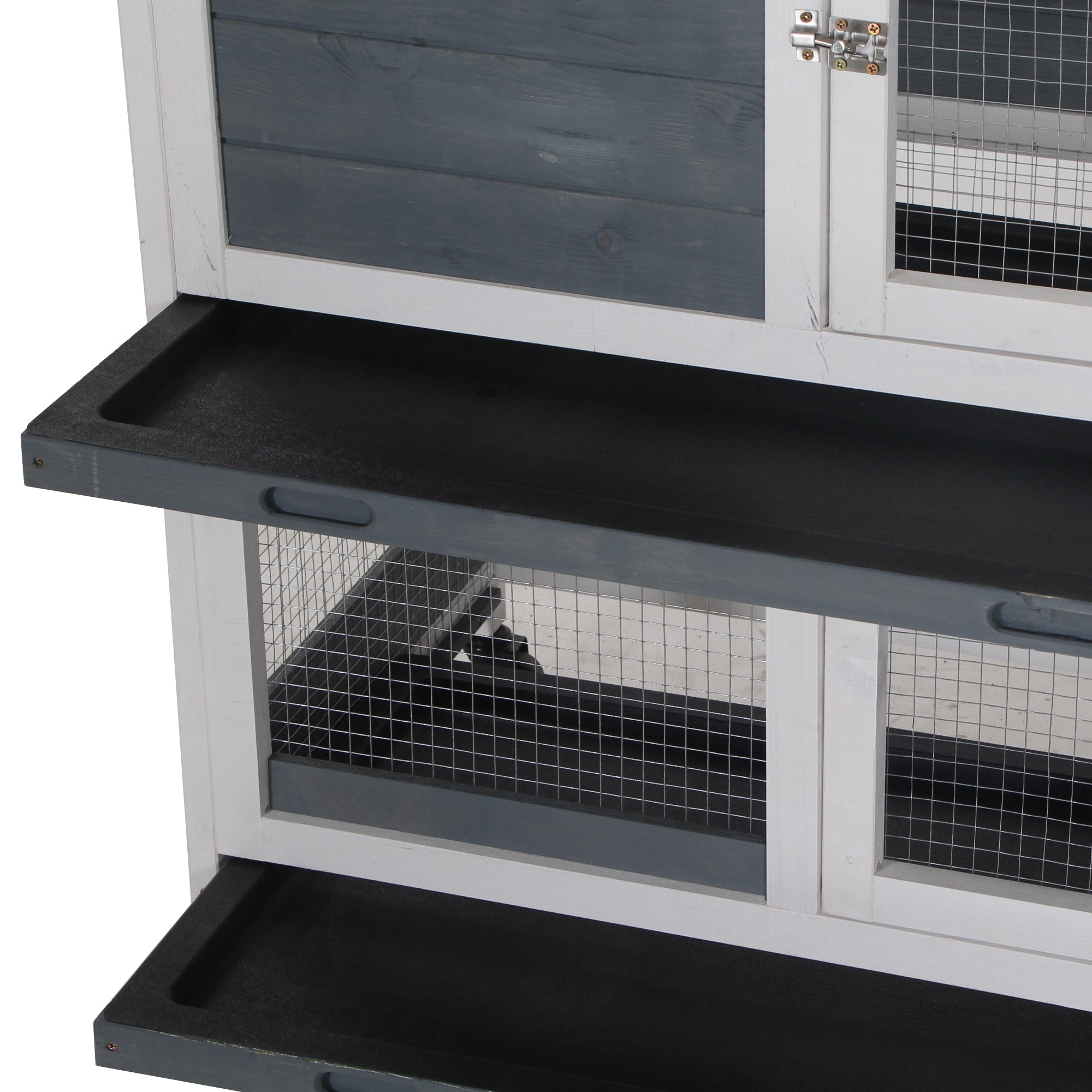 Wooden Rabbit Hutch Bunny Hutch Elevated Pet House Cage Small Animal Habitat with No Leak Tray Lockable Door Openable Top for Rabbits, Chickens, Ducks, Indoor 57.75" x 18" x 32.5" Gray - Grey and White - Image 8