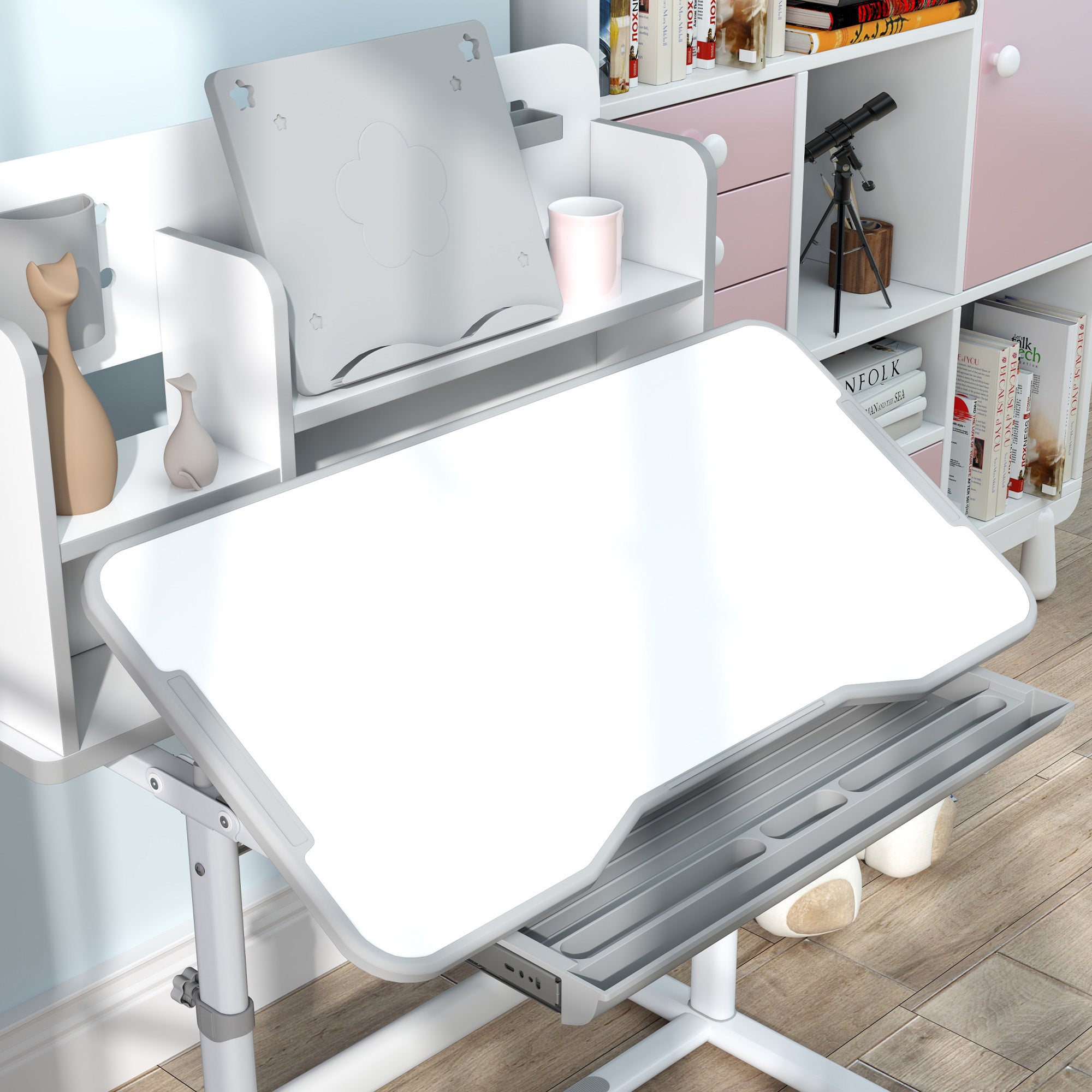 Height Adjustable Kids Desk and Chair Set for Writing Drawing w/ Tilt Desktop, Storage Drawer and Reading Rack, Gray