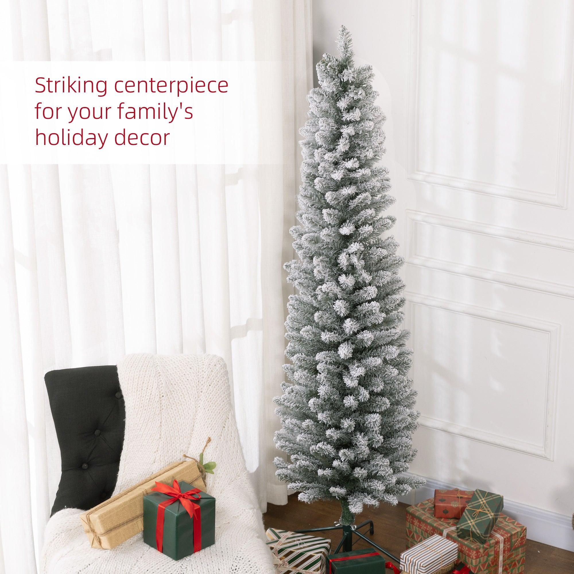 6ft Artificial Christmas Tree, Snow Flocked Branches, Metal Base, Pencil Xmas Tree