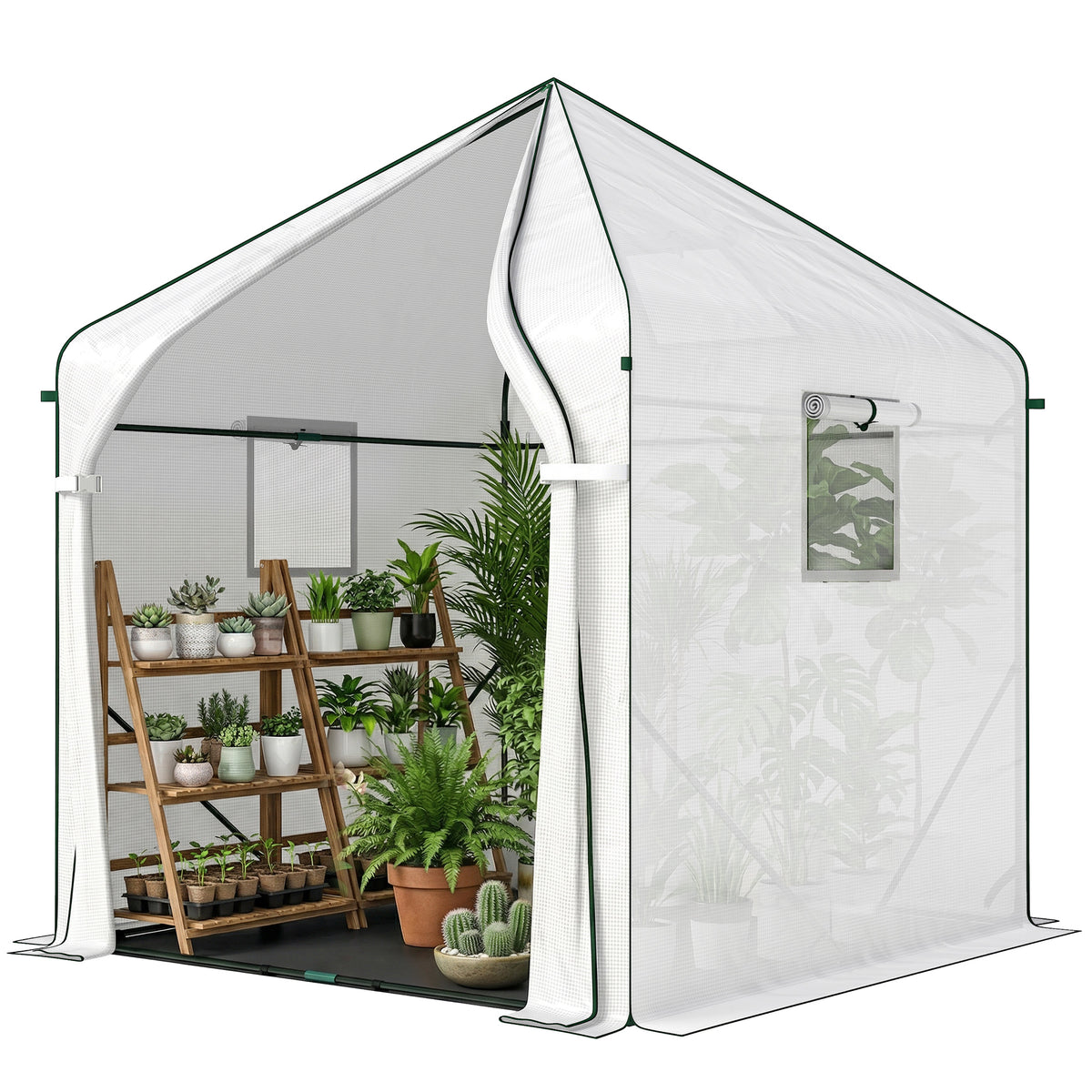 Walk-in Greenhouse, 63" x 63" x 78.7", Roll-Up Door, 3 Mesh Windows, PE Cover, Steel Frame, White