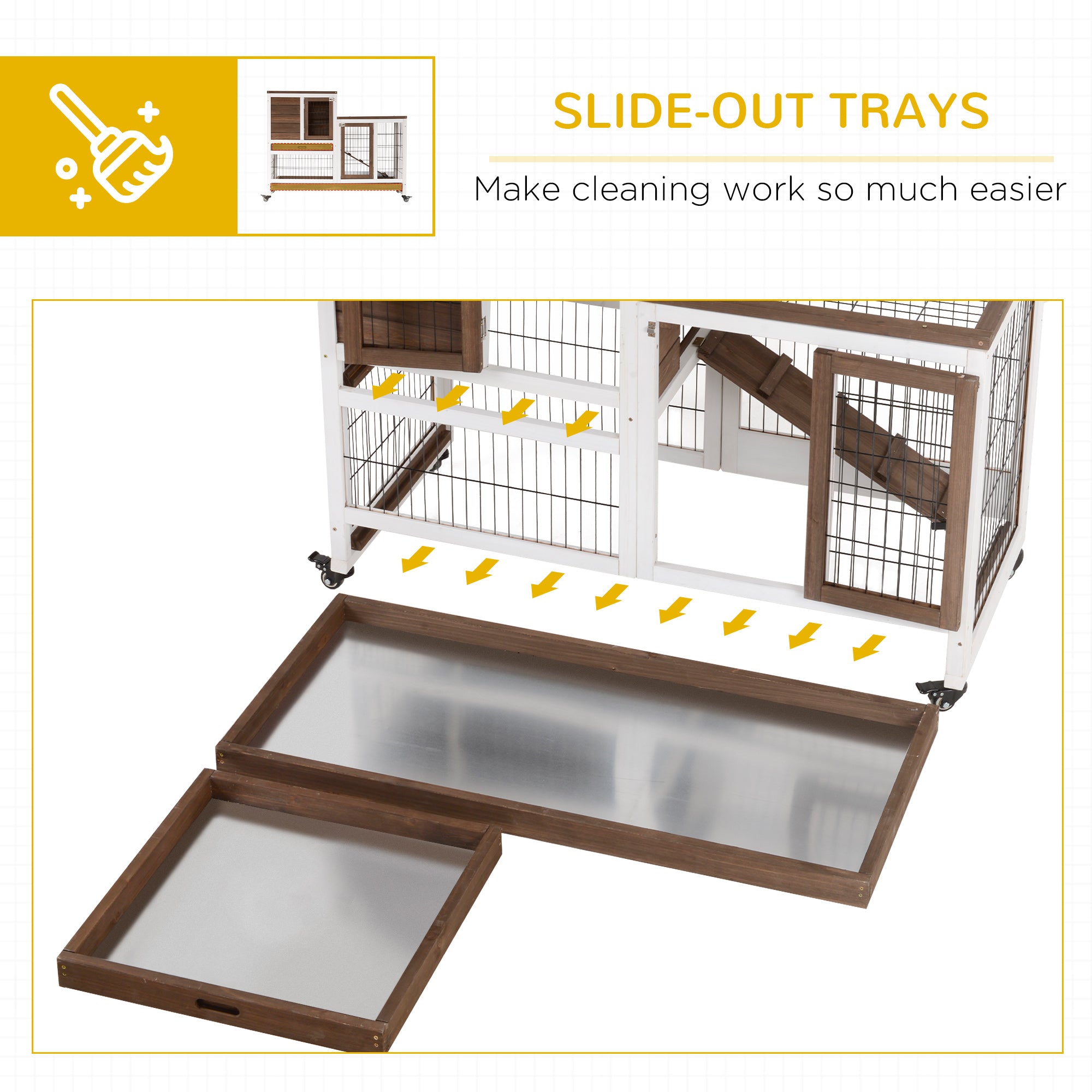 Wooden Rabbit Hutch Elevated Bunny Cage Indoor Small Animal Habitat with Enclosed Run with Wheels, Ramp, Removable Tray for Rabbits, Chickens, Ducks, Guinea Pigs, Brown - Brown - Image 6
