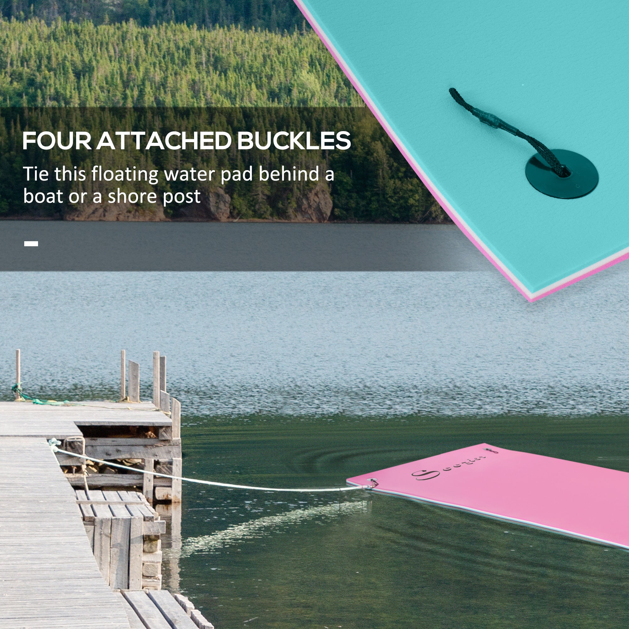 12' x 5' Lily Pad Floating Mat with Cup Holder Table, 3-Layer Portable Roll-Up Water Mat Float Dock for 2-3 People, on Lake, River, Beach, Swimming Pool, Pink