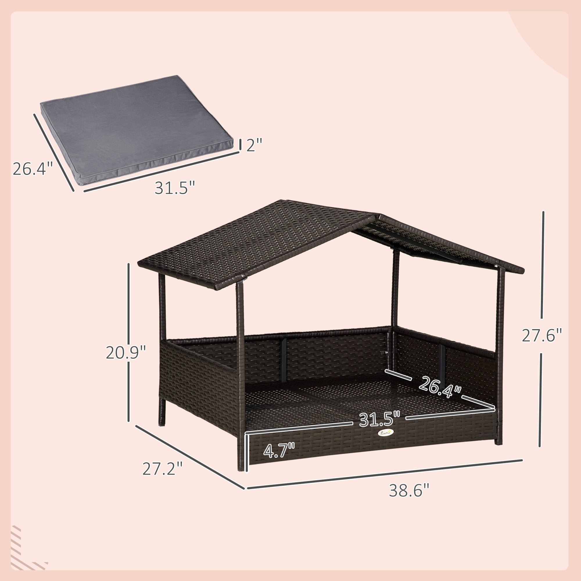 Wicker Dog House Outdoor with Canopy, Rattan Dog Bed with Water-resistant Cushion, Raised Pet Bed for Small, Medium Breeds up to 66 lbs, 20" in Length, Brown Wicker, Gray Cushion - Grey - Image 3