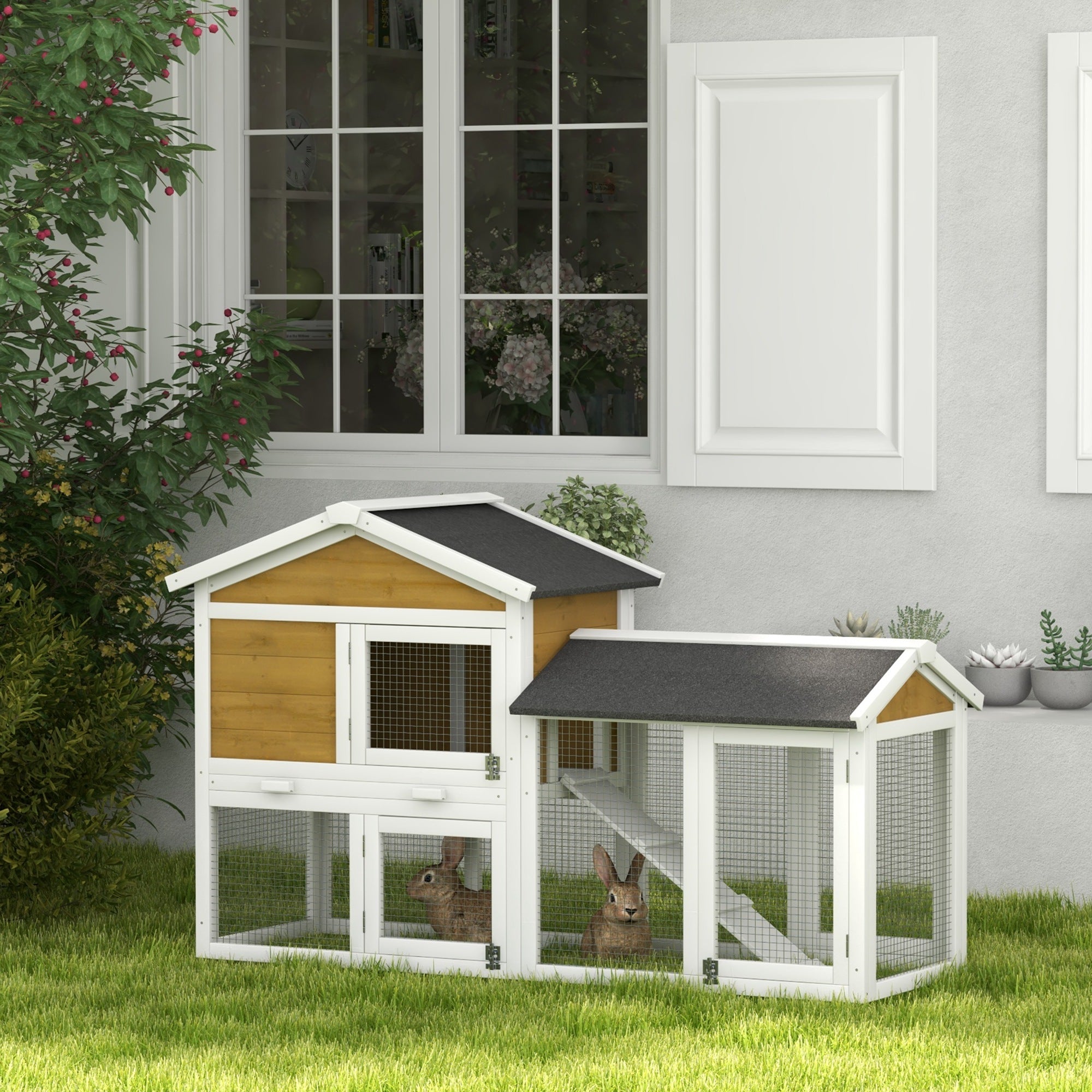 58" Wooden Rabbit Hutch with Run, Removable Tray, Asphalt Roof, Lockable Doors and Ramp, Nature Wood - Natural Wood - Image 2