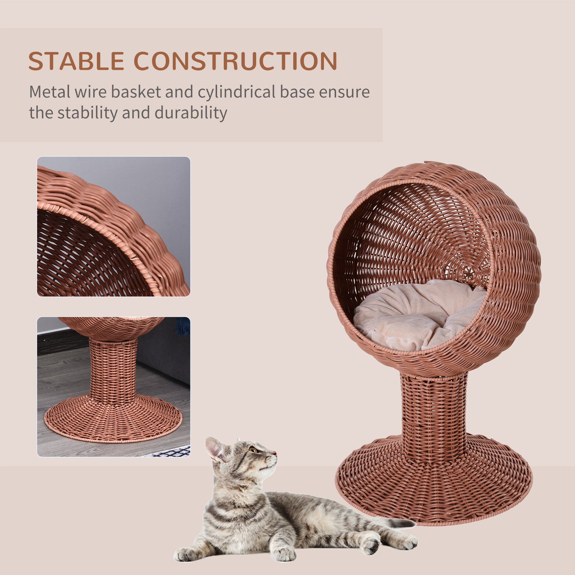Elevated Cat Bed with Rotatable Egg Chair Pod, Cat Basket Bed with Thick Cushion, Natural Mat Grass Woven Kitty House, Brown - Brown - Image 4
