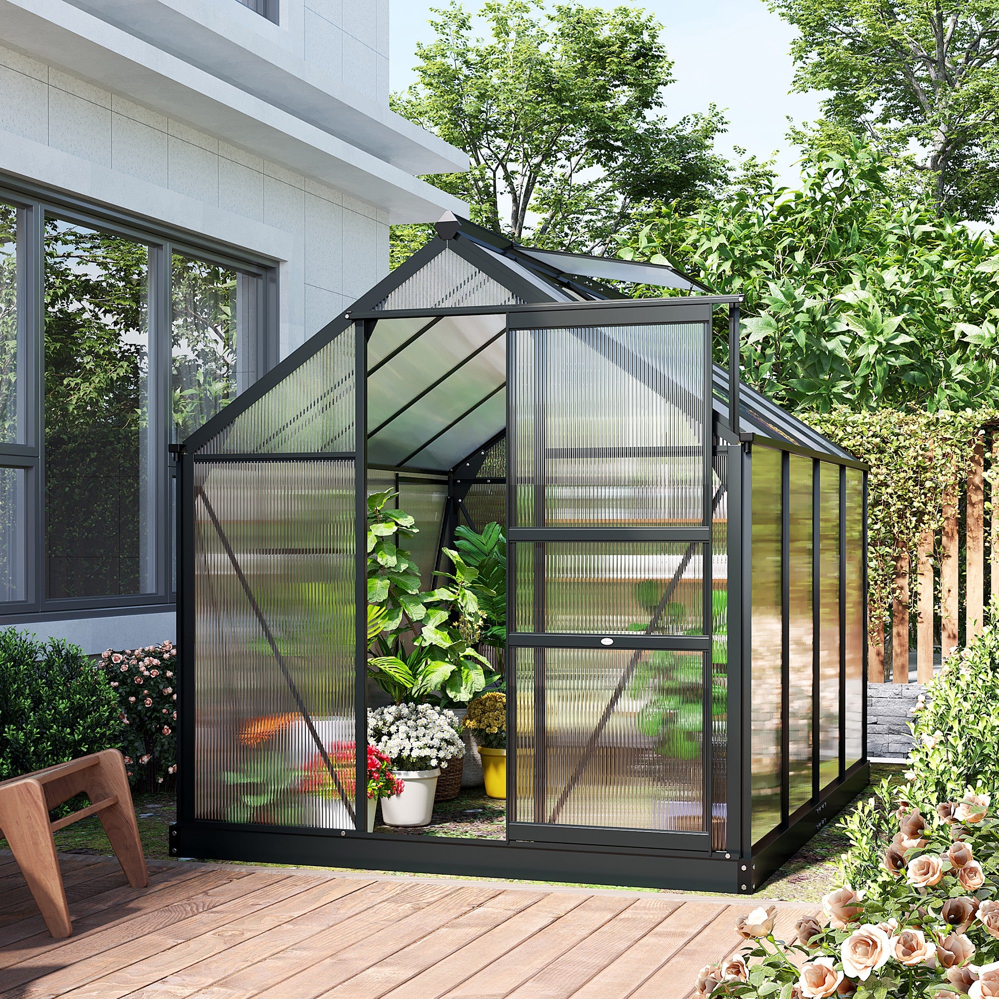 Polycarbonate Greenhouse, Heavy Duty Outdoor Aluminum Walk-in Green House Kit Vent Door, 6.2'x8.3'x6.6' Gray - Gray - Image 8
