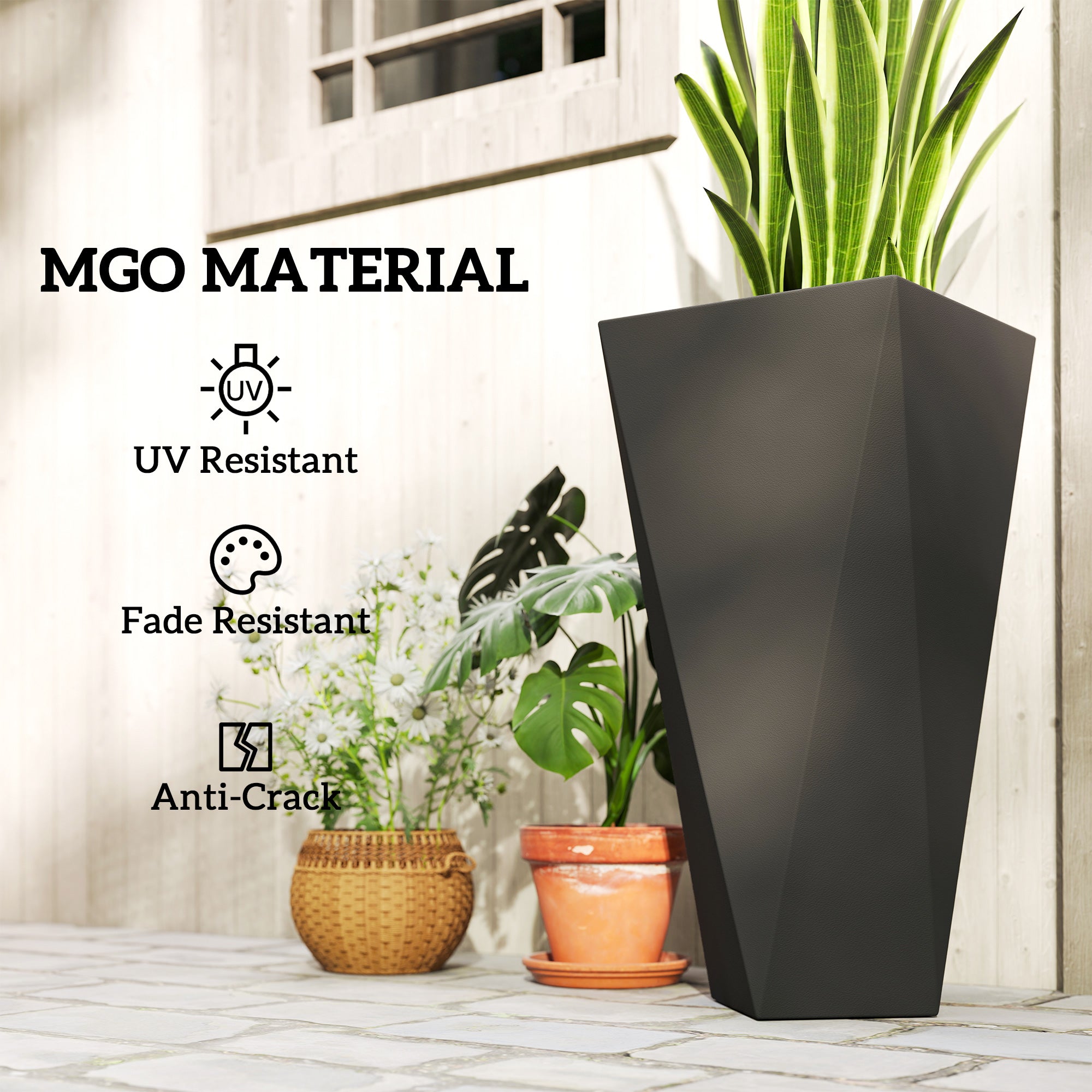 Indoor Outdoor Planters Set of 3 MgO Tall Planters Stackable Flower Pots with Drainage Holes for Garden, Balcony, Black - Black - Image 7