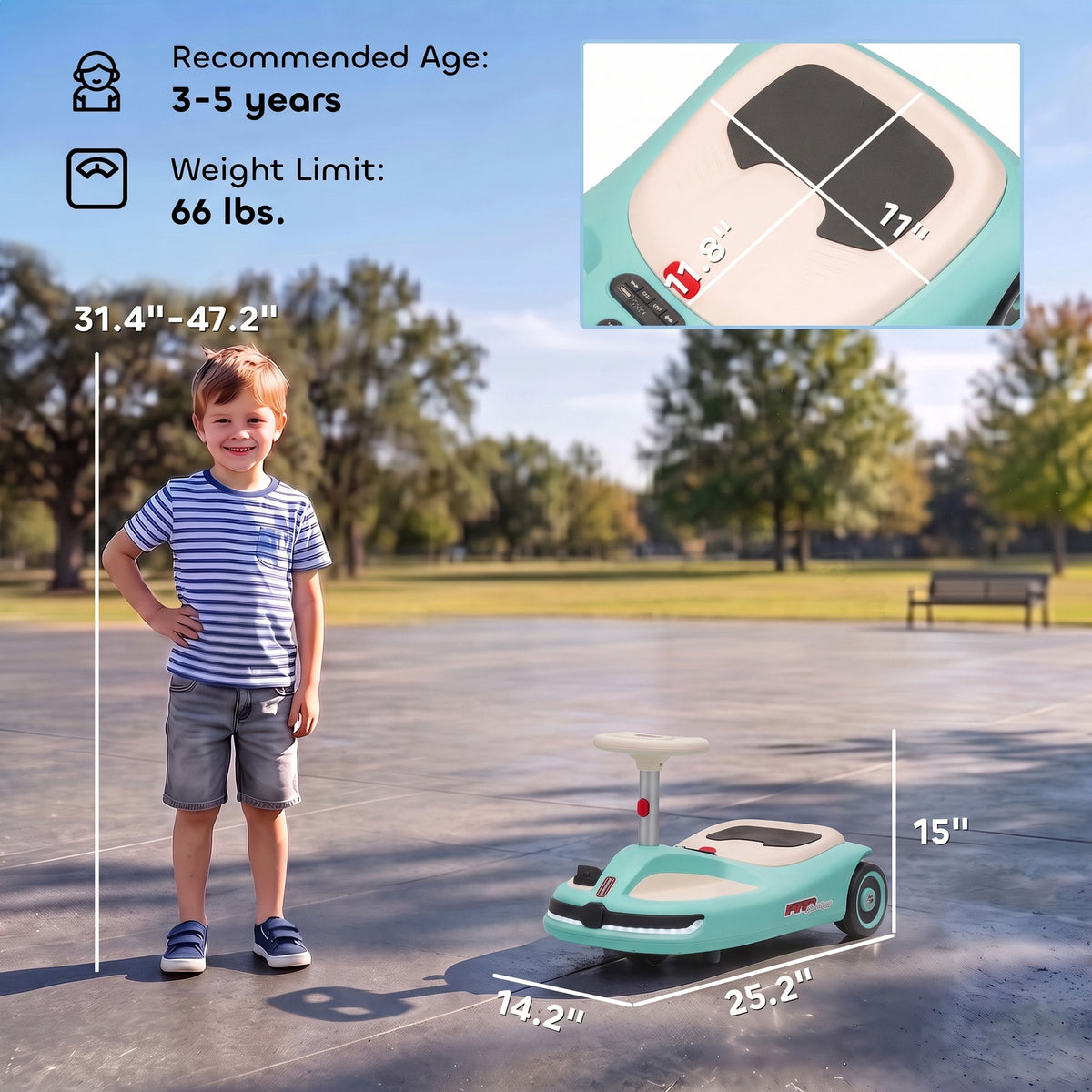 12V Electric Wiggle Car with Pedal, Kids Ride On Car with 2 Speeds, Soft Start, Music, Lights for 3-5 Years, Light Blue