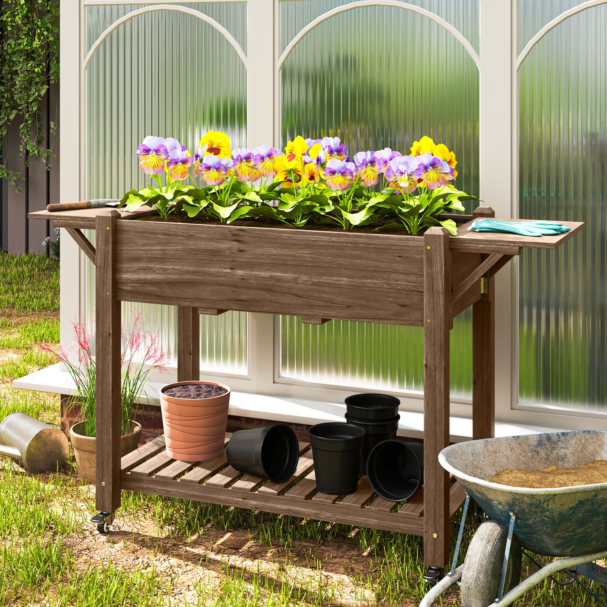 Wood Raised Planter Box, Elevated Garden Bed with Lockable Wheels, Side Tables, Bottom Shelf, Drain Holes, Carbonized - Carbonized - Image 2