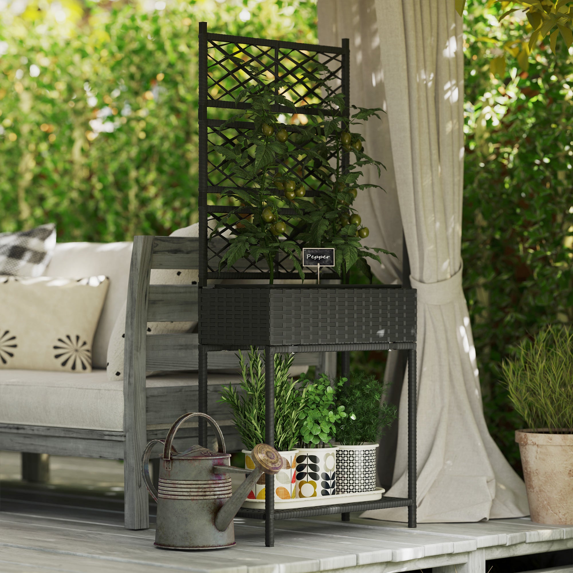 Outdoor Wicker Planter with Trellis for Climbing Plants, Freestanding Rattan Garden Box with Storage Shelf, Black - Black - Image 2