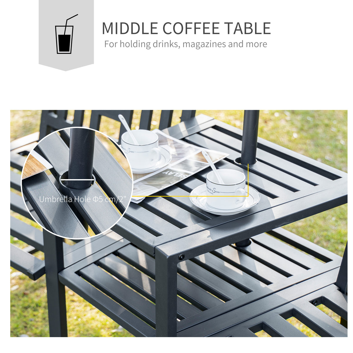 Metal Garden Bench with Middle Table and Umbrella Hole, 2-in-1 Double Patio Chairs, Outdoor 2-person Tete-a-Tete, Slatted, Black
