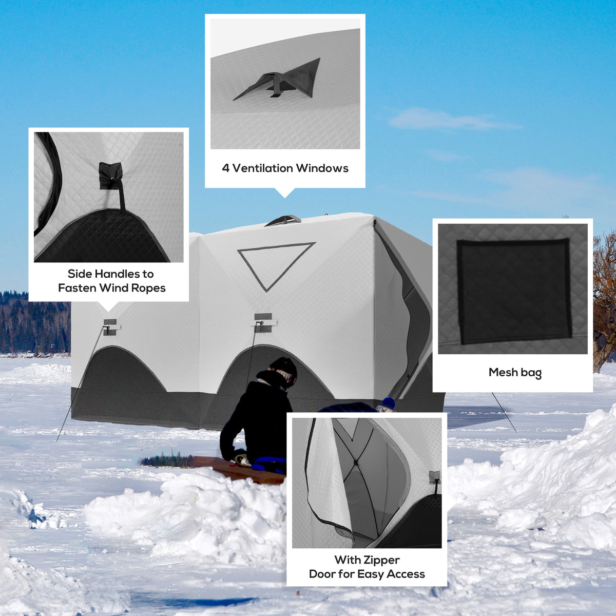 5-8 Person Ice Fishing Shelter, Pop-Up Ice Shanty Tent, Insulated Portable Tent with 2 Doors & Carrying Bag, Light Gray