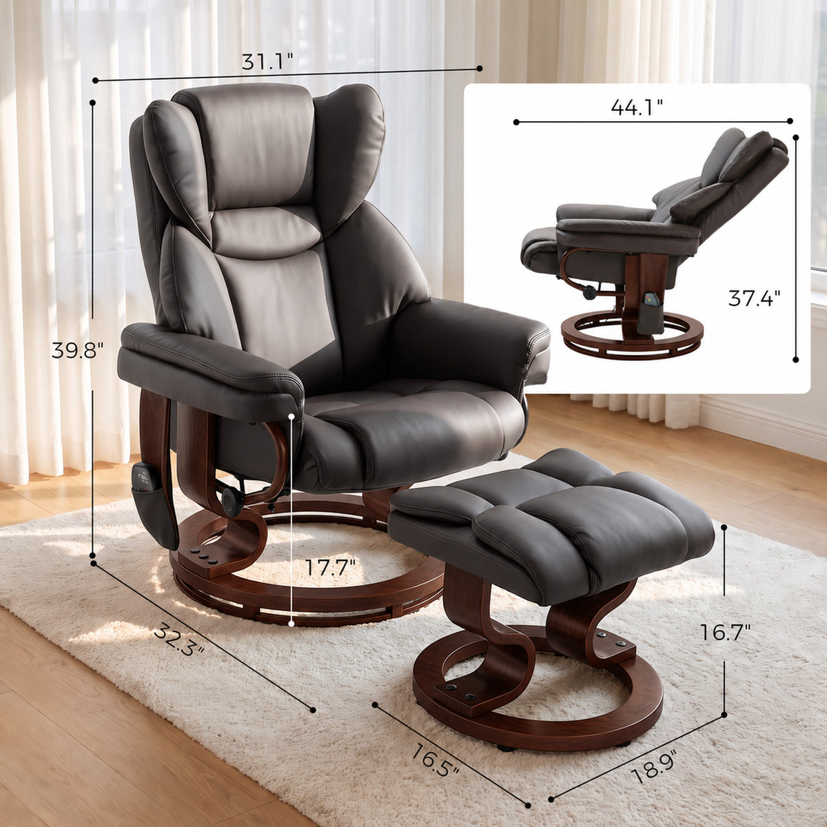 Massage Recliner Chair with Footrest, Swivel Armchair, Wrapped Wood Base, 10 Massage Points, Faux Leather, Brown