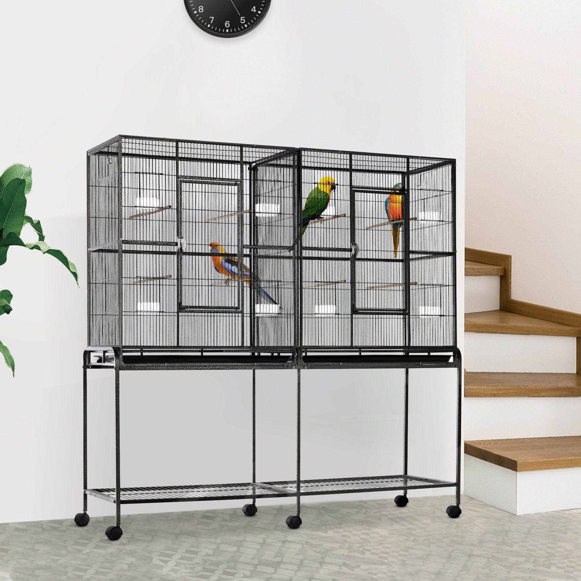 Rolling 65"L Bird Cage w/ Storage Shelf Wood Perch Food Container - Black, Gray - Image 2