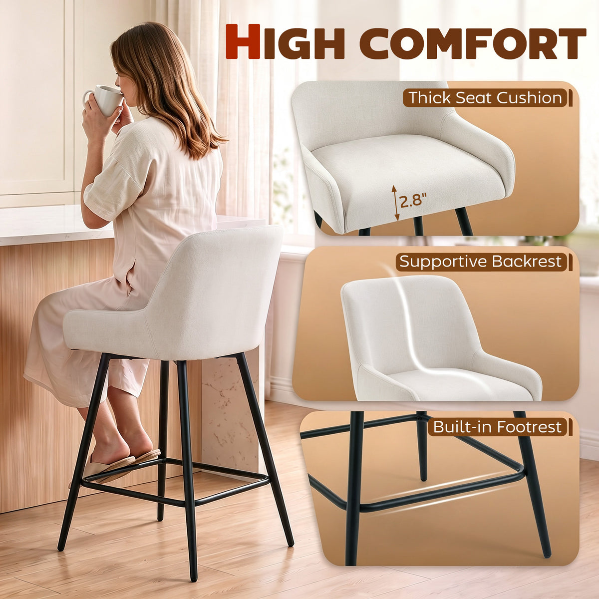 Kitchen Island Chairs Counter Height Bar Stools with Swivel Linen Seat and Footrest, Cream White