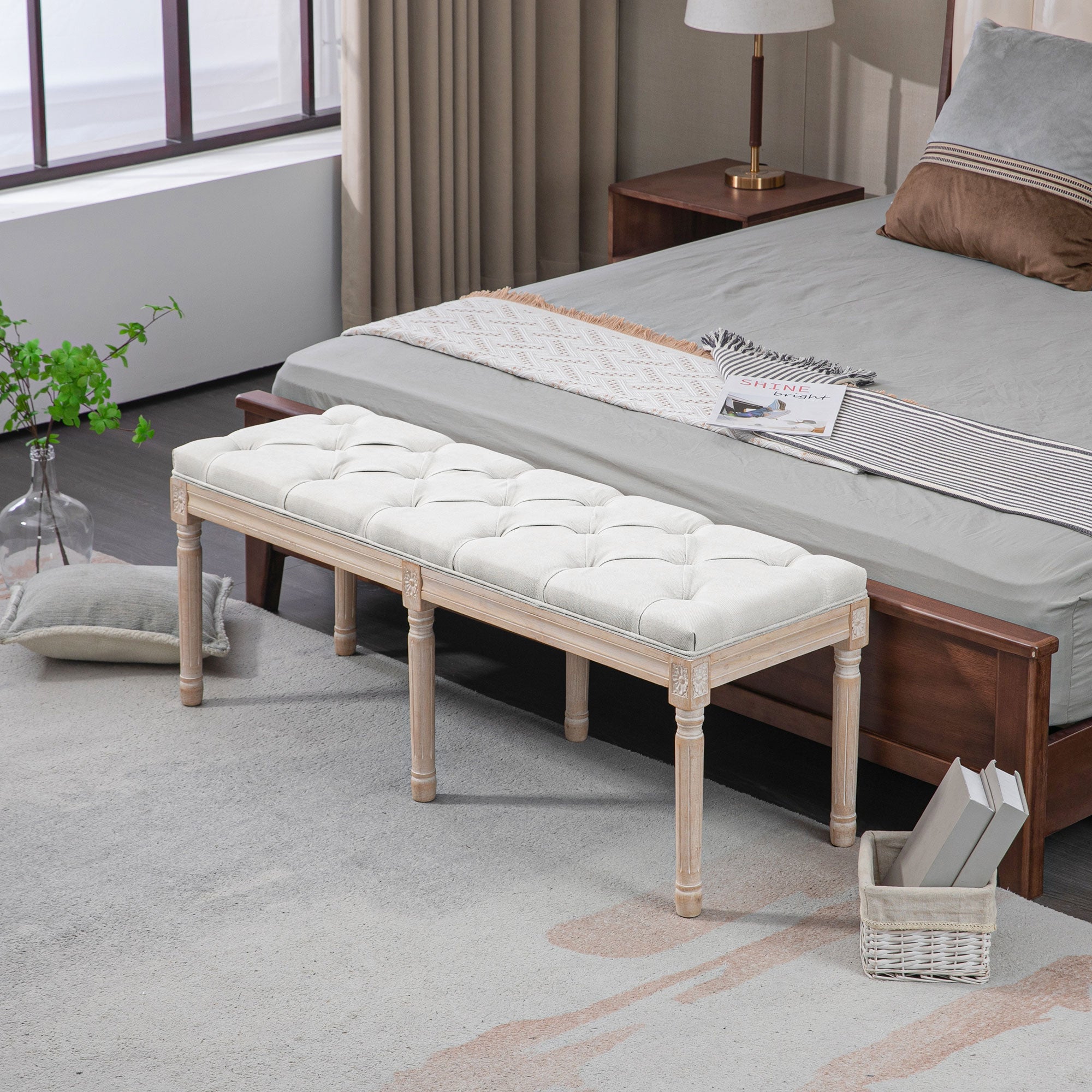 46" Linen Upholstered Bedroom Bench, French End of Bed Bench with Thick Padded Cushion and Wooden Legs, Cream White