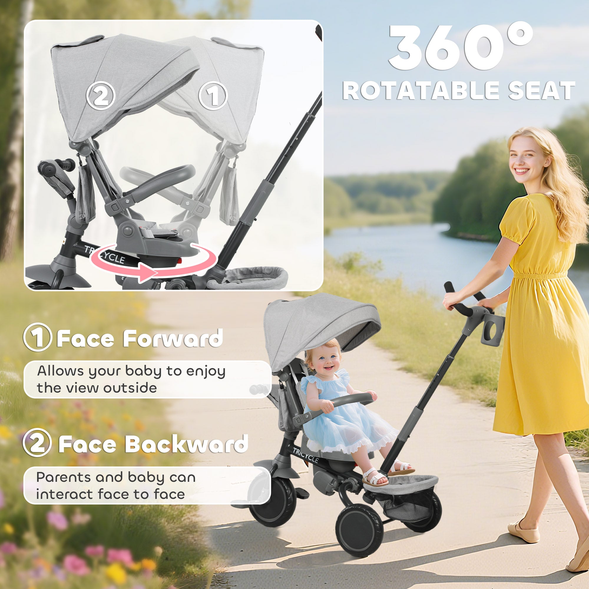 6 in 1 Kids Tricycle with Adjustable Push Handle, Removable Canopy, Reversible Seat, for 1-5 Years, Gray