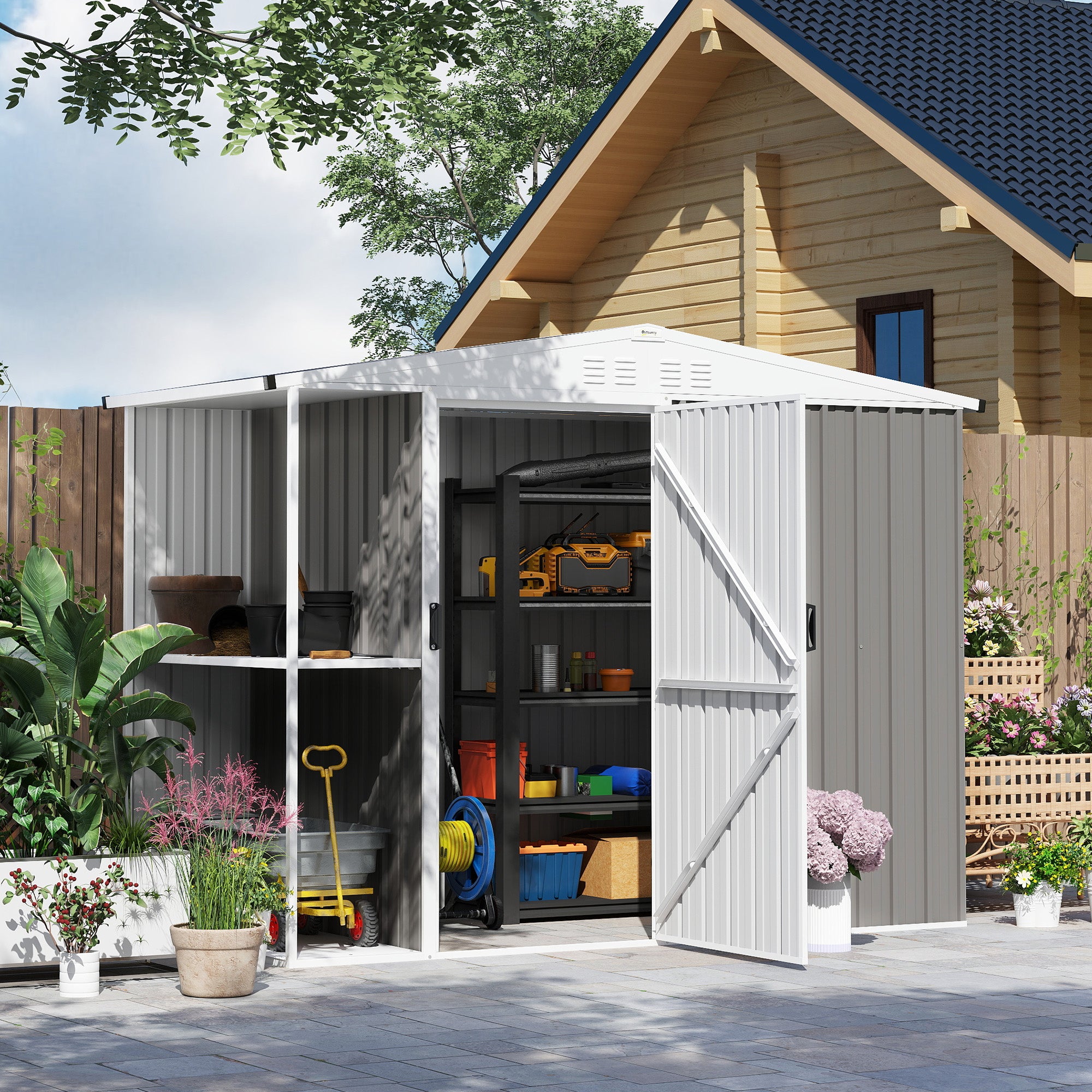8 x 4ft Outdoor Garden Shed, Metal Shed with Air Vents and Lock for Backyard, Garden, Patio, Warm Gray - Gray - Image 2