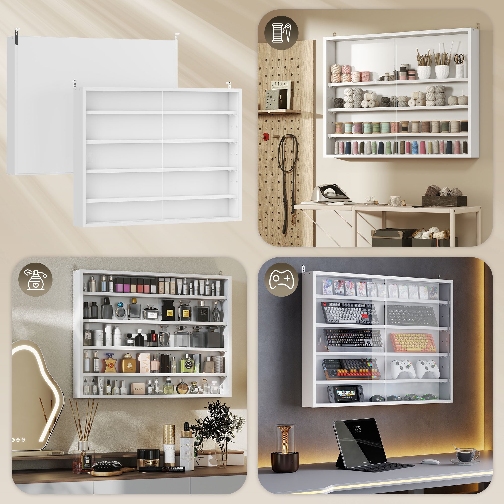 5-Tier Display Cabinet, Wall-Mounted Display Case with 2 Glass Doors and Adjustable Shelves, White