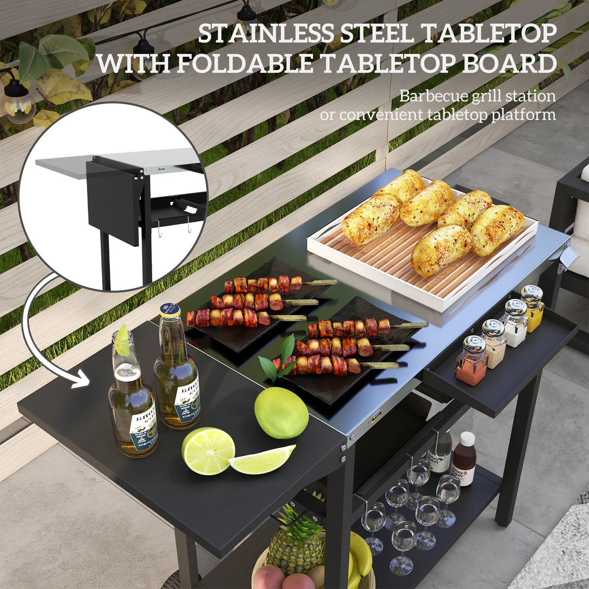 2-Tier Shelf Outdoor Bar Cart, Stainless Steel Tabletop Patio Serving Cart with Accessories for Poolside, Garden, Black