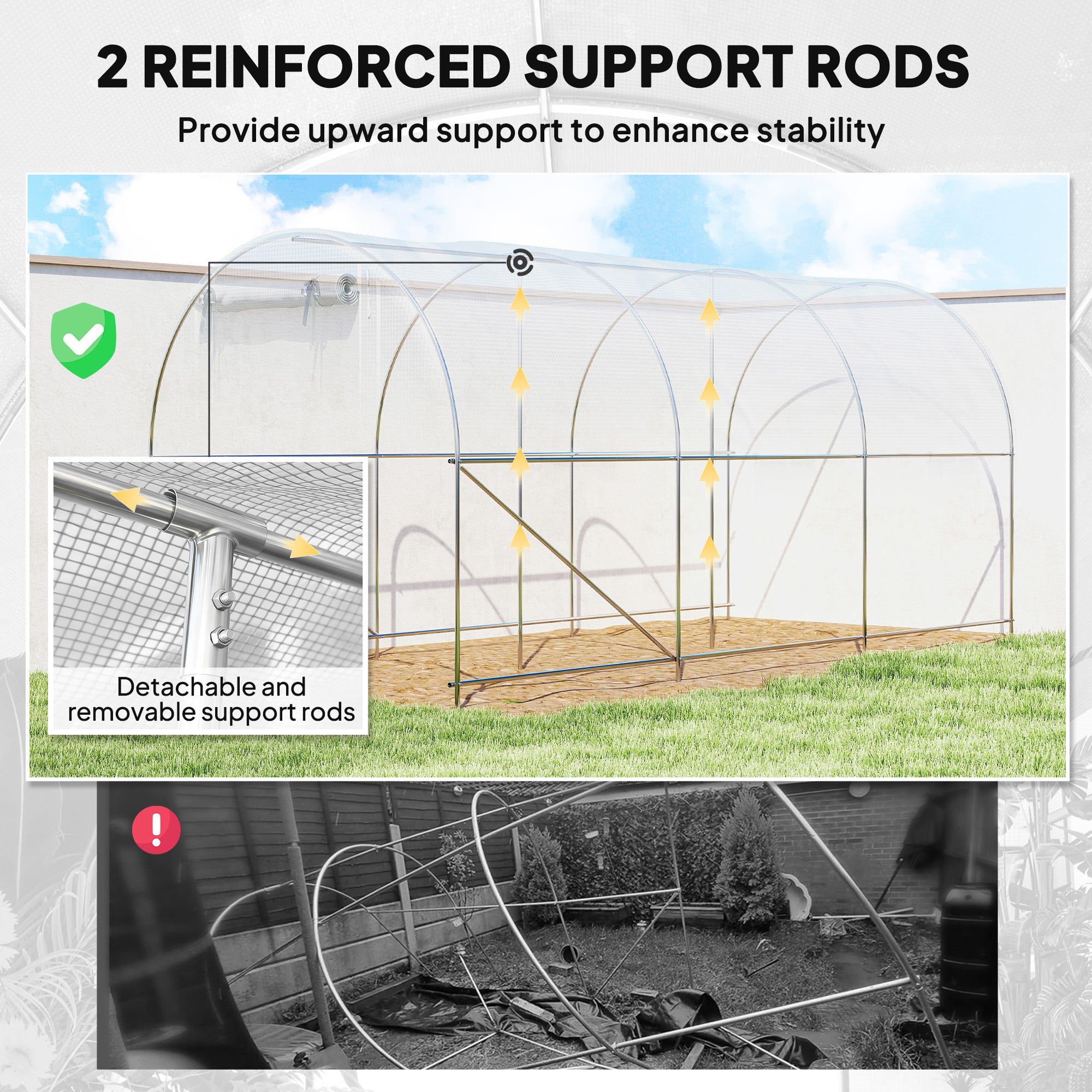 Hoop House Greenhouse, Walk-in Tunnel Greenhouse with 2 Support Rods, Zippered Roll-up Mesh Door, 14.6'x6.5'x6.6', White - White - Image 4