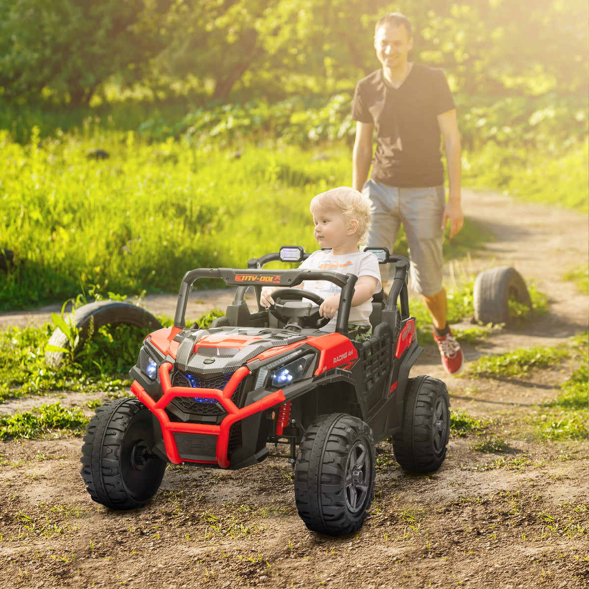 Qaba 2 Seater 24V Kids Electric Car w/ Remote Control, 3 Speed, LED Lights, Music, Horn, Spring Suspension, Slow Start, Red